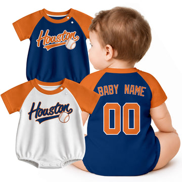 Personalized Houston baseball baby bodysuit shown on baby with city-color style
