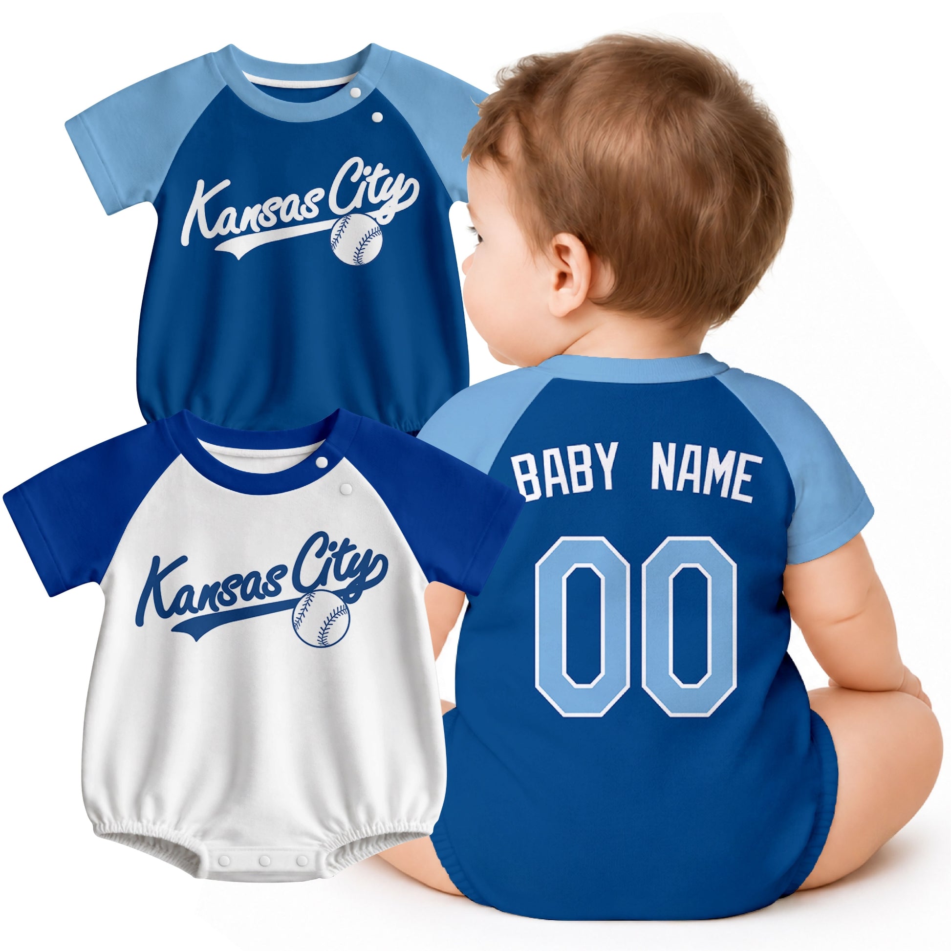 Personalized Kansas City baseball baby bodysuit shown on baby with city-color style