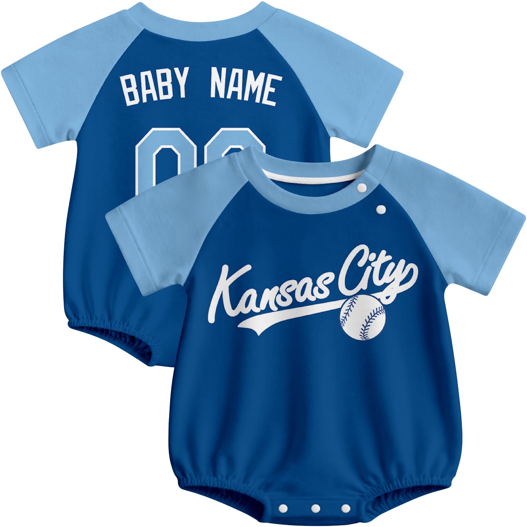 Kansas City baseball baby bodysuit front and back view in Royal color style