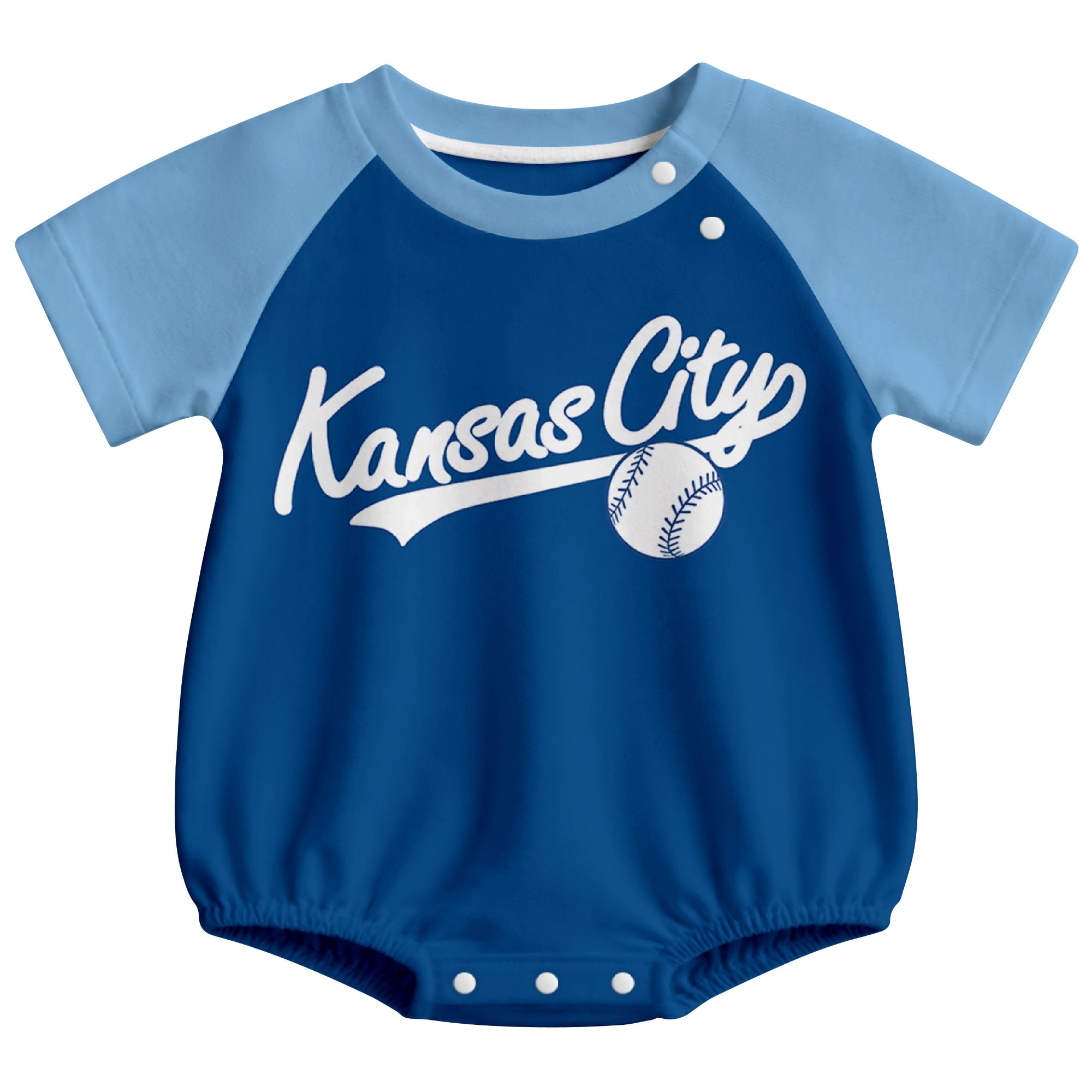 Kansas City baseball baby bodysuit front view in Royal color style