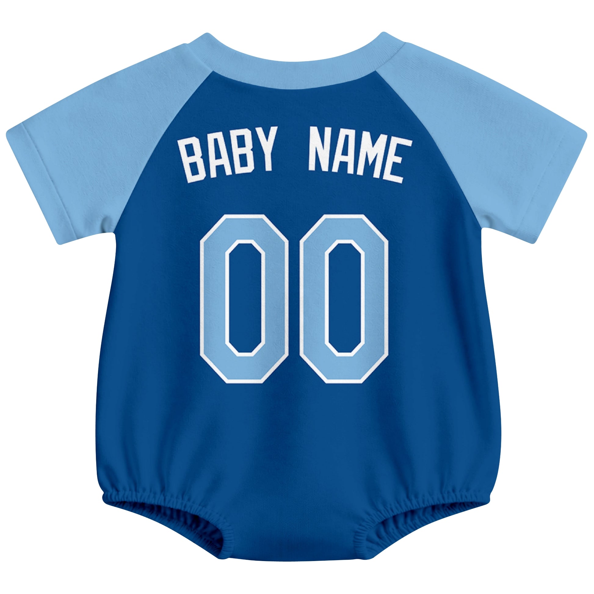 Kansas City baseball baby bodysuit back view in Royal color style with custom baby name and number