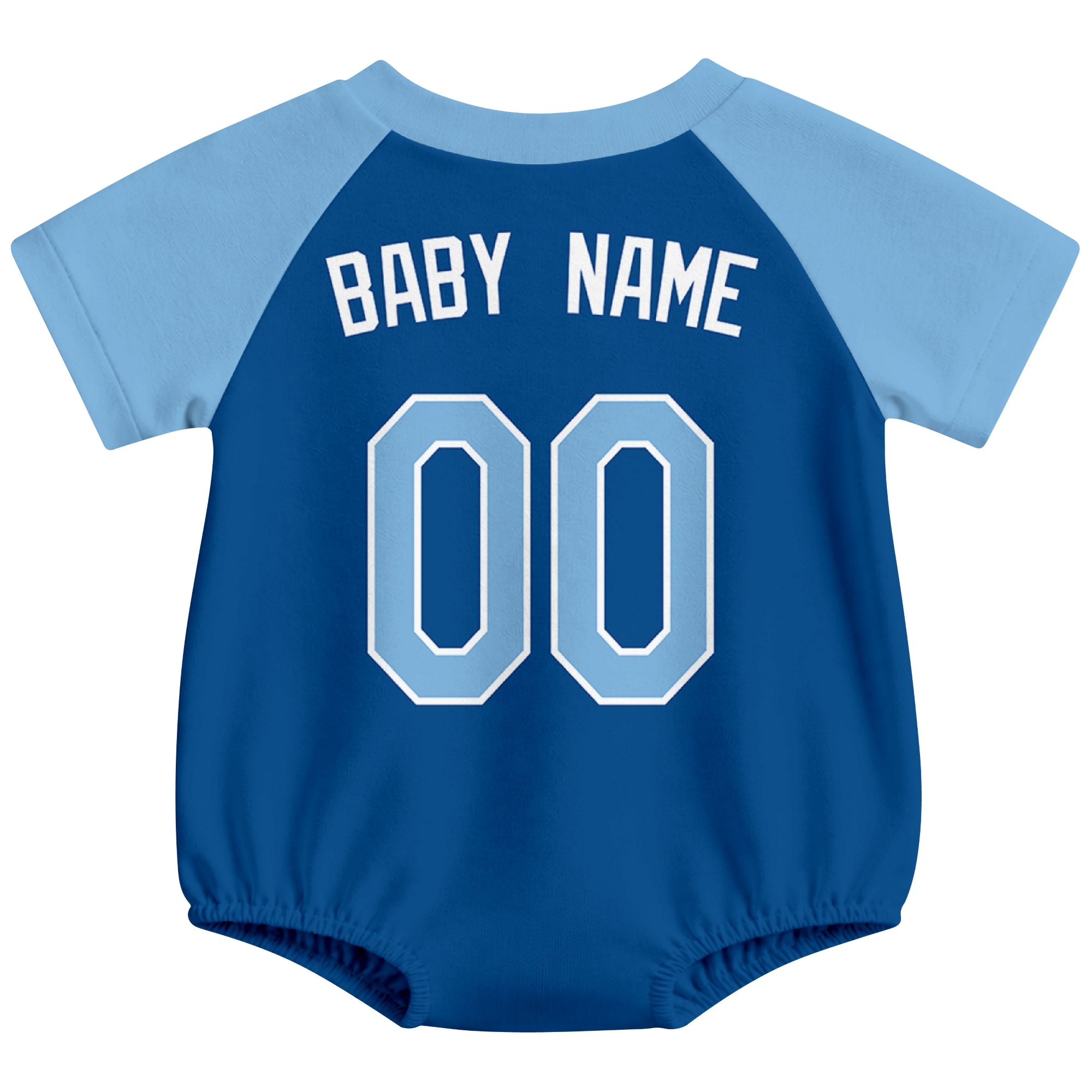 Kansas City baseball baby bodysuit back view in Royal color style with custom baby name and number