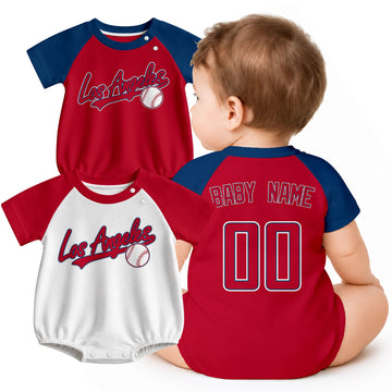 Personalized Los Angeles A baseball baby bodysuit shown on baby with city-color style