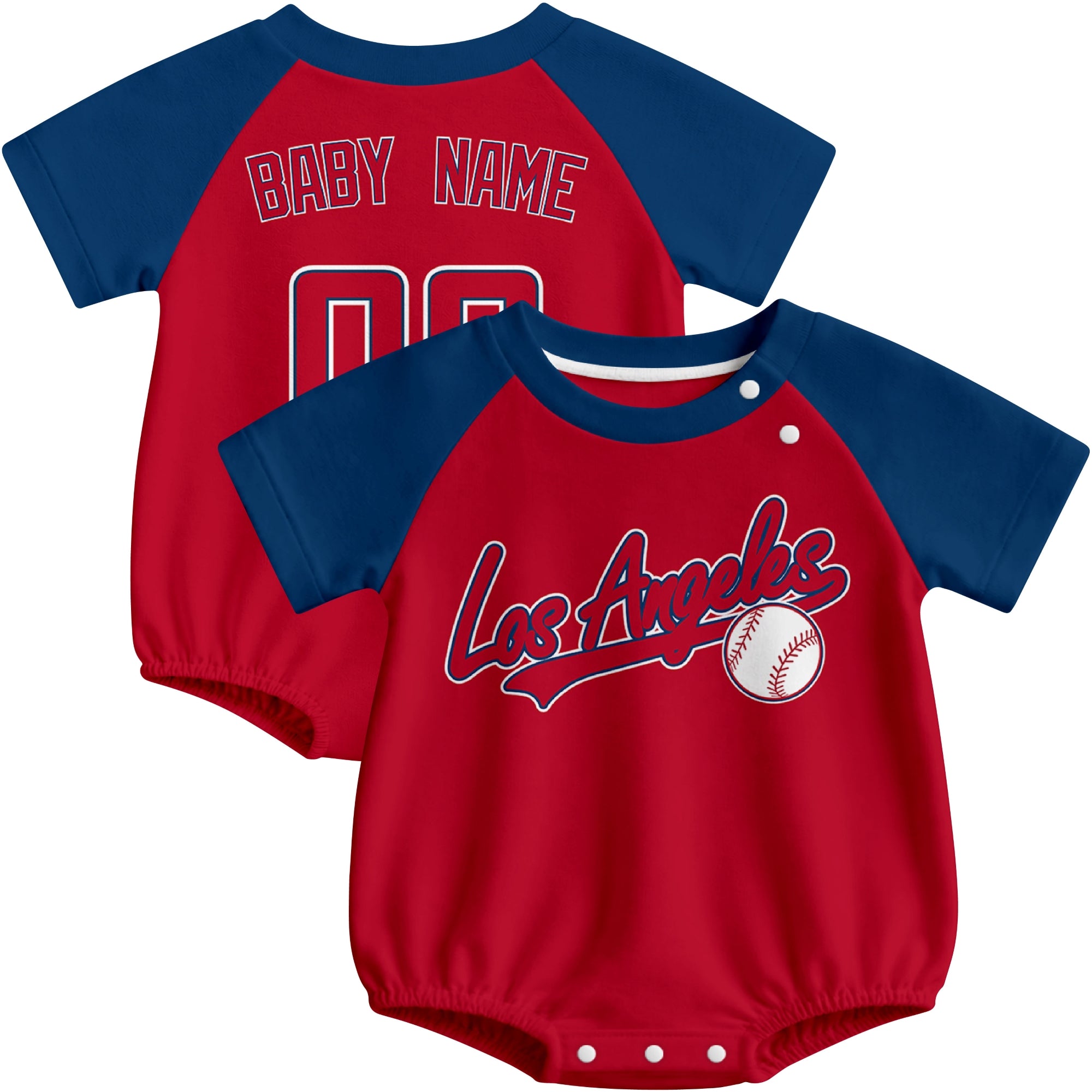 Los Angeles A baseball baby bodysuit front and back view in Red color style