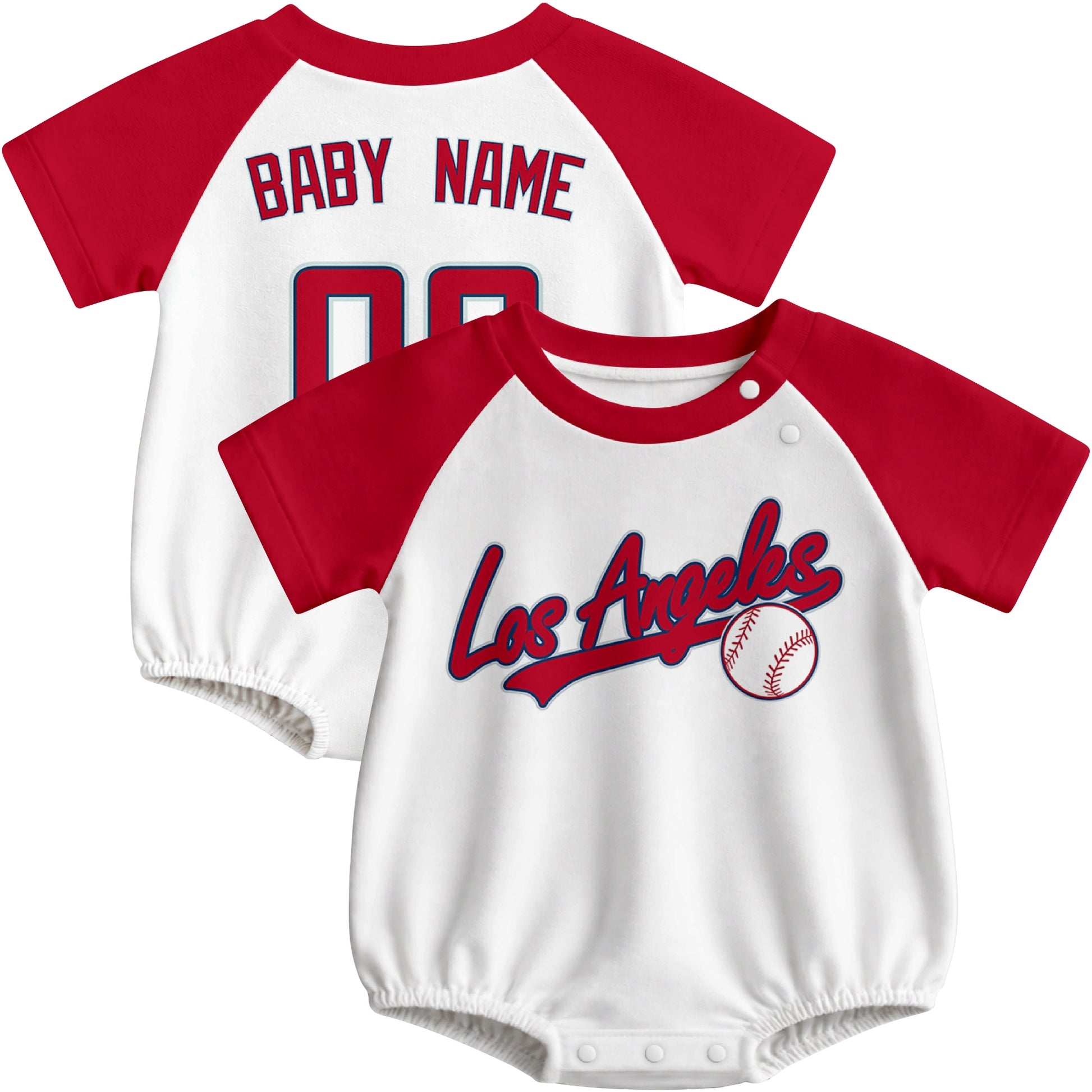 Los Angeles A baseball baby bodysuit front and back view in White color style