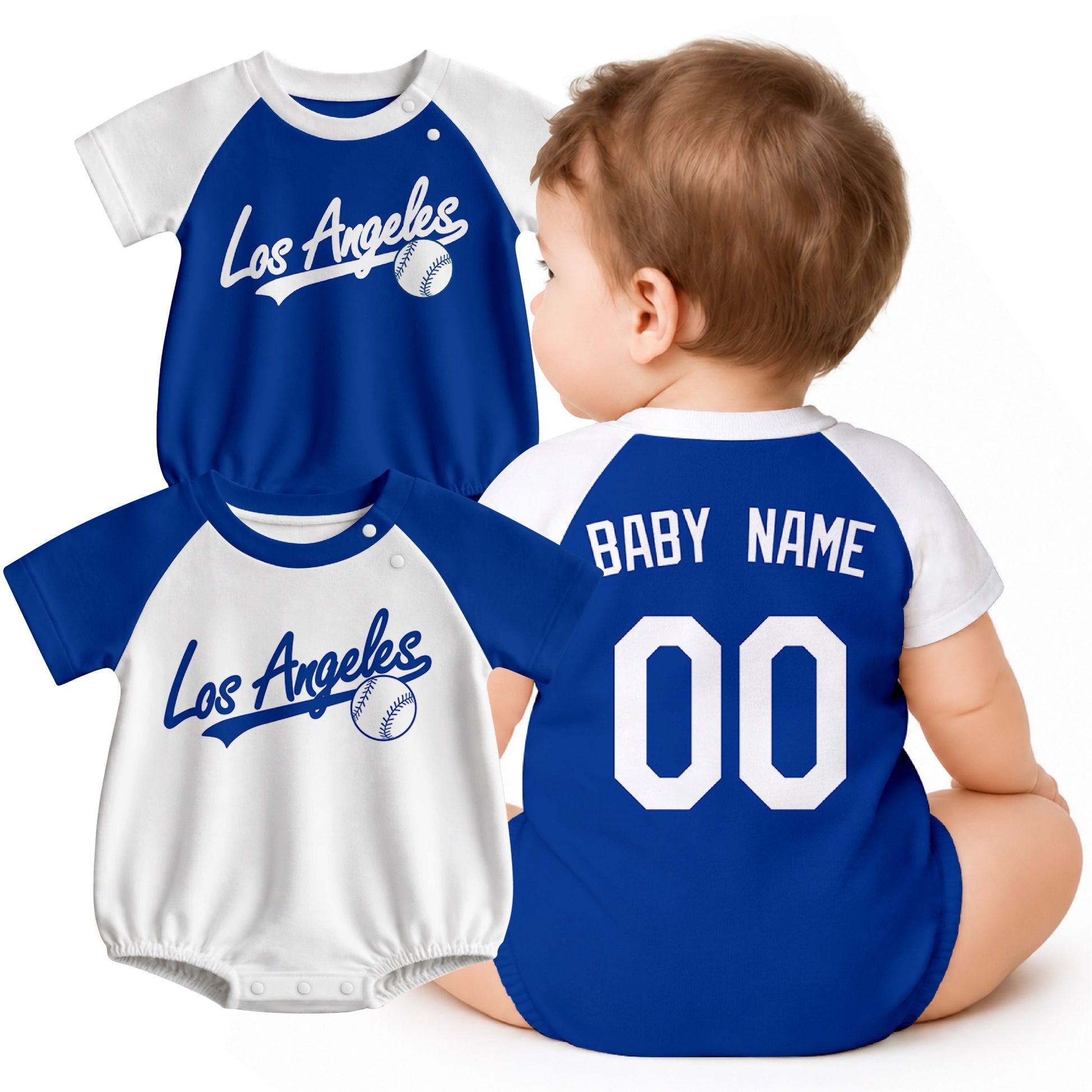 Personalized Los Angeles baseball baby bodysuit shown on baby with city-color style