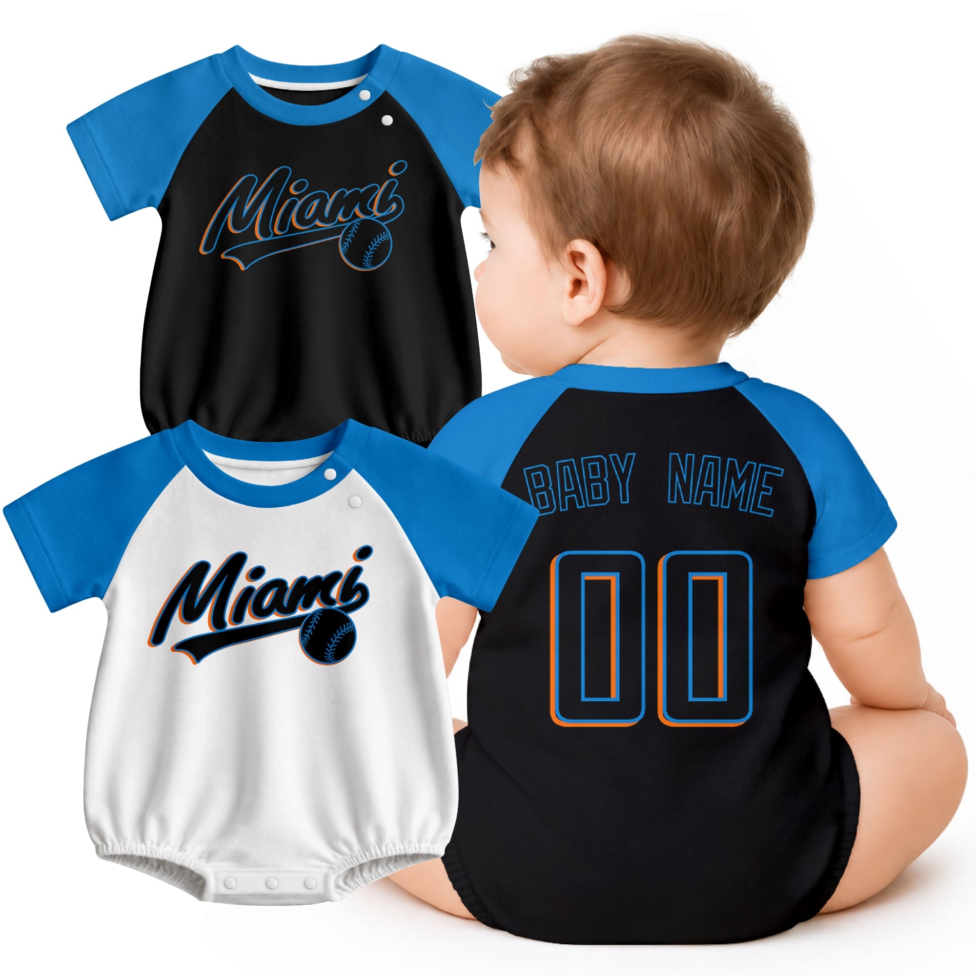 Personalized Miami baseball baby bodysuit shown on baby with city-color style