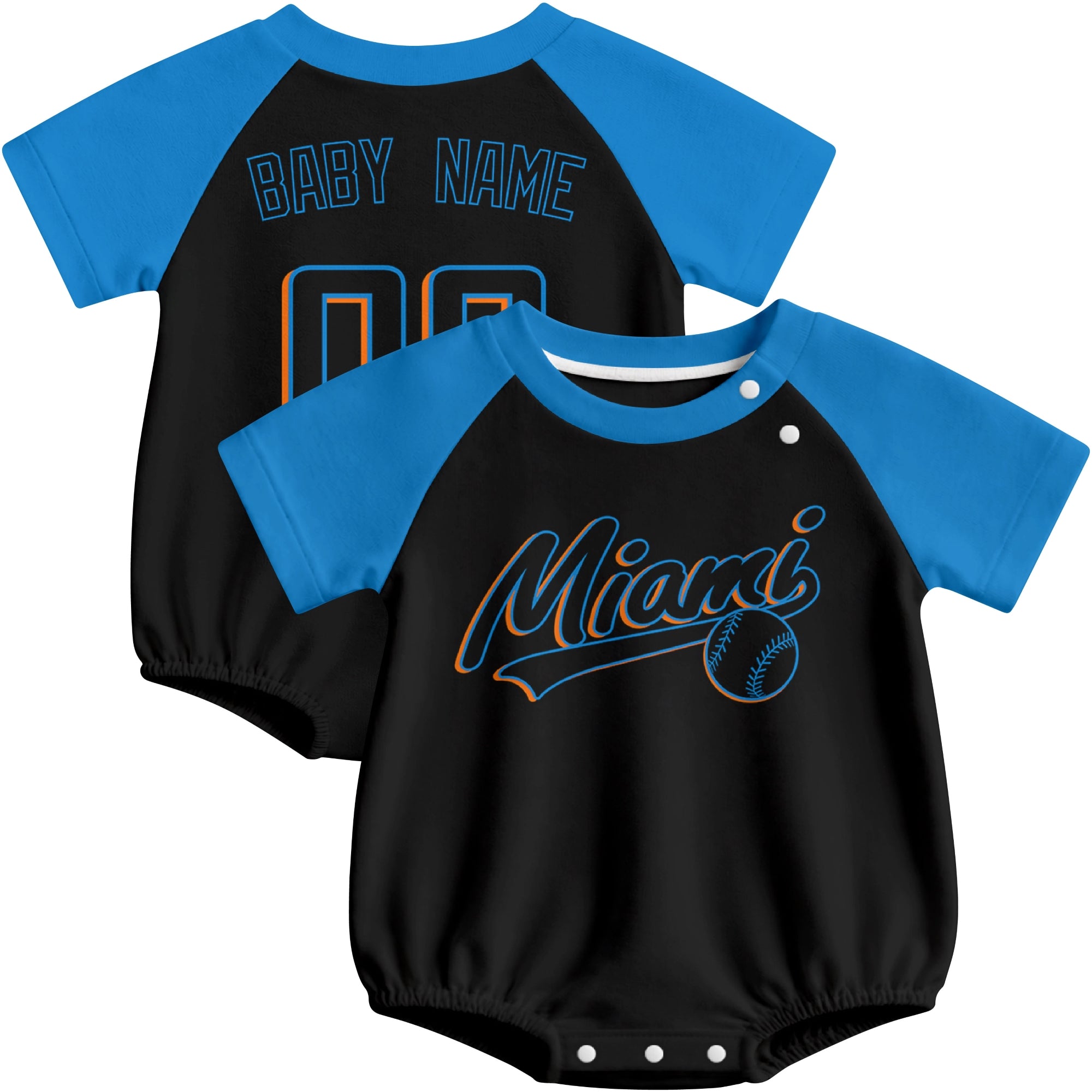 Miami baseball baby bodysuit front and back view in Black color style