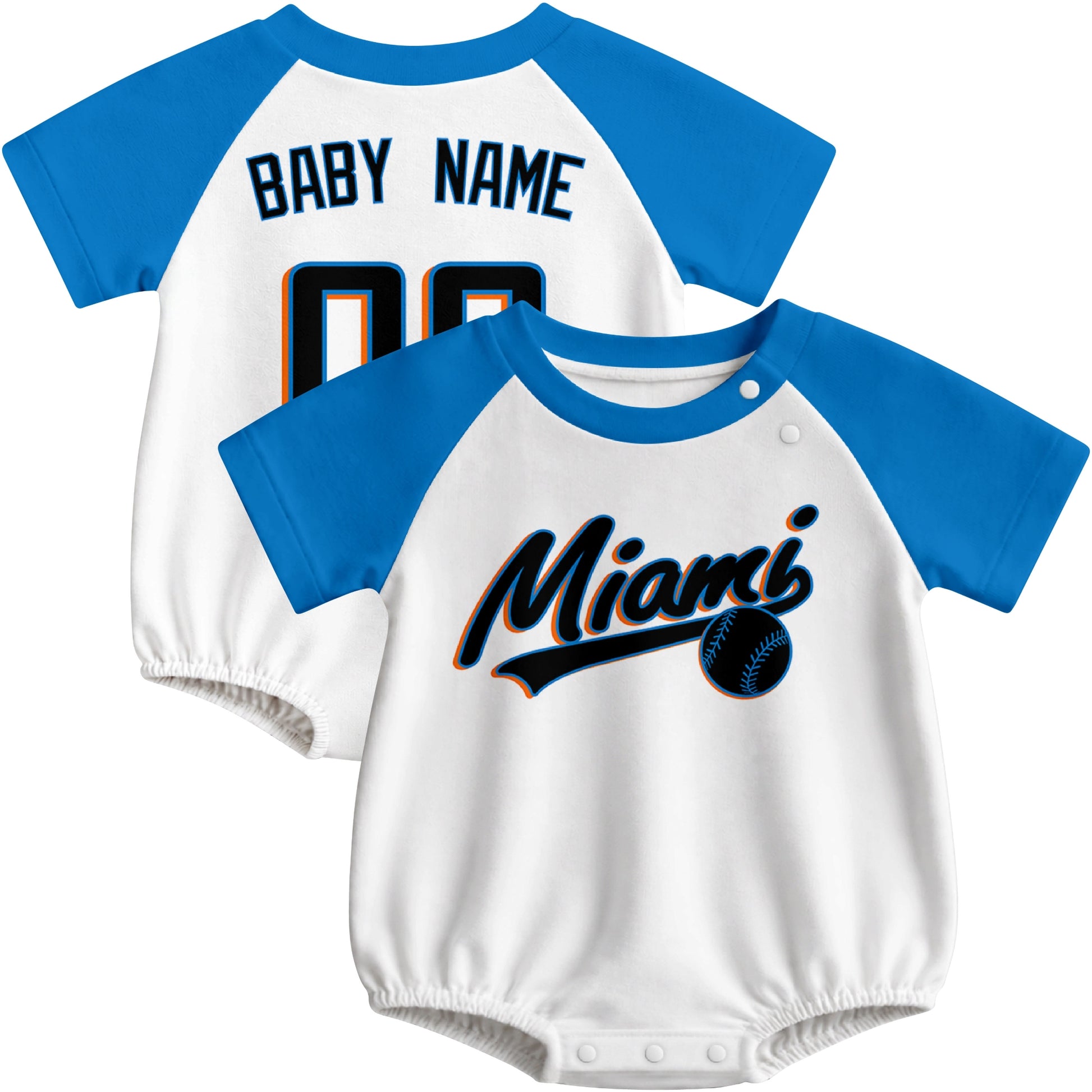 Miami baseball baby bodysuit front and back view in White color style