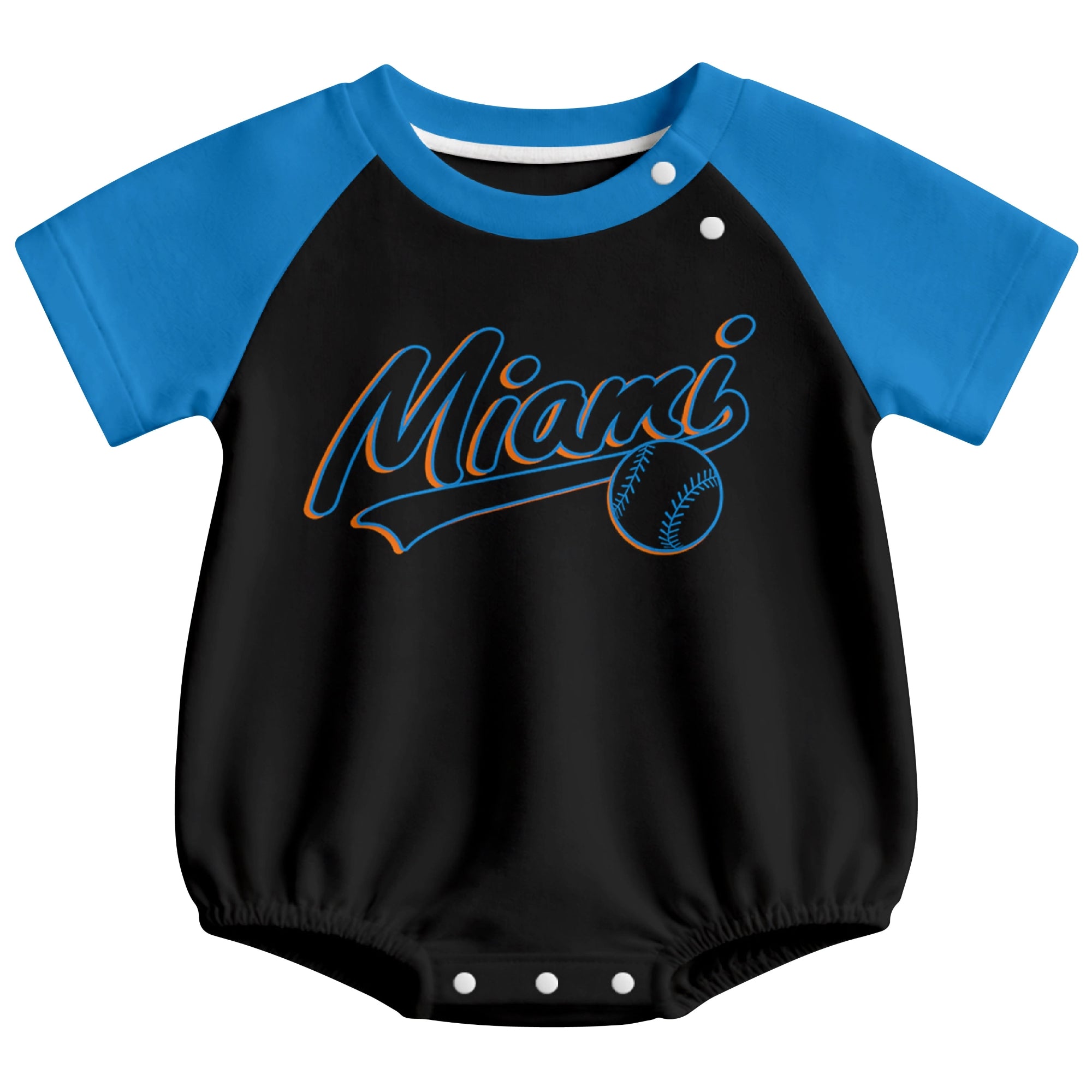 Miami baseball baby bodysuit front view in Black color style