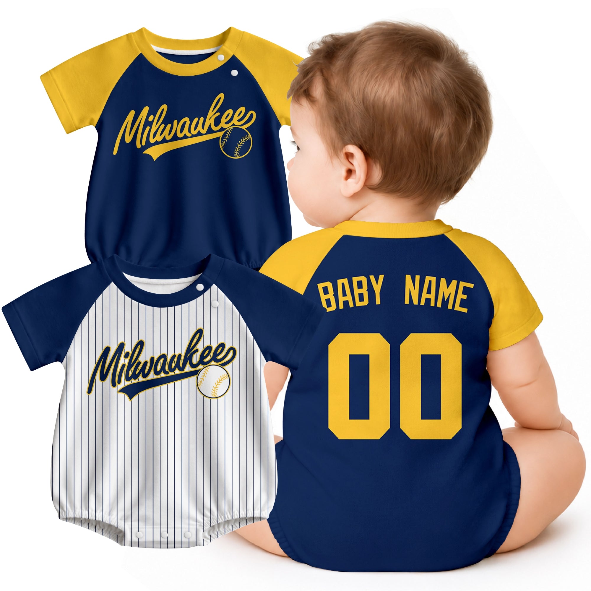 Personalized Milwaukee baseball baby bodysuit shown on baby with city-color style