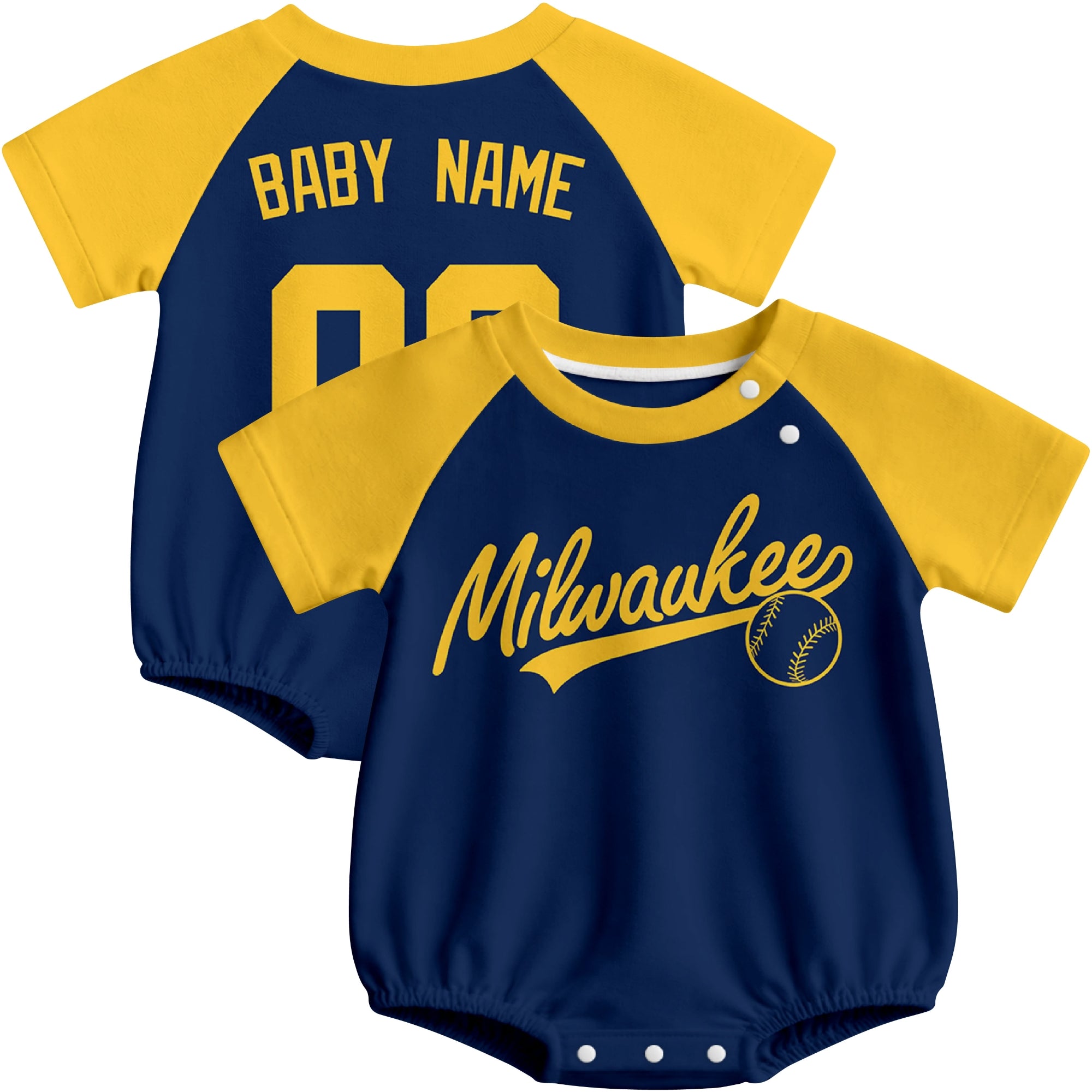 Milwaukee baseball baby bodysuit front and back view in Navy color style