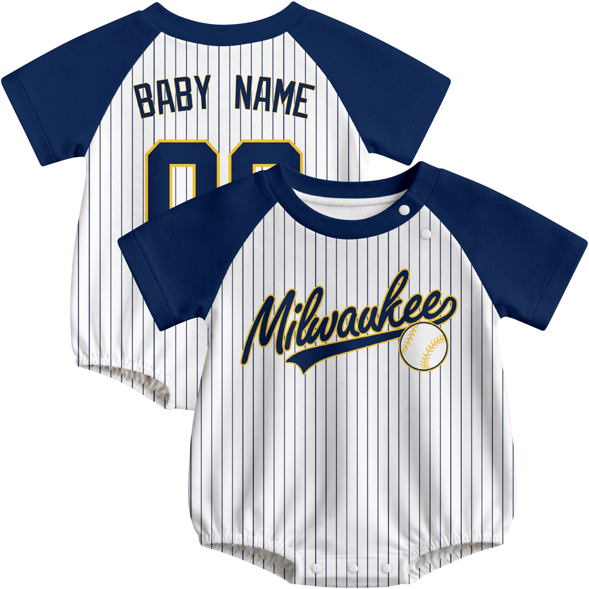 Milwaukee baseball baby bodysuit front and back view in White color style