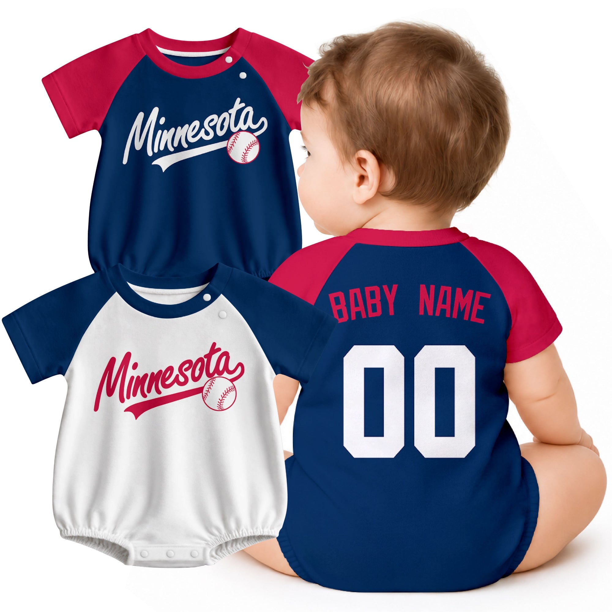 Personalized Minnesota baseball baby bodysuit shown on baby with city-color style