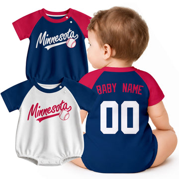 Personalized Minnesota baseball baby bodysuit shown on baby with city-color style