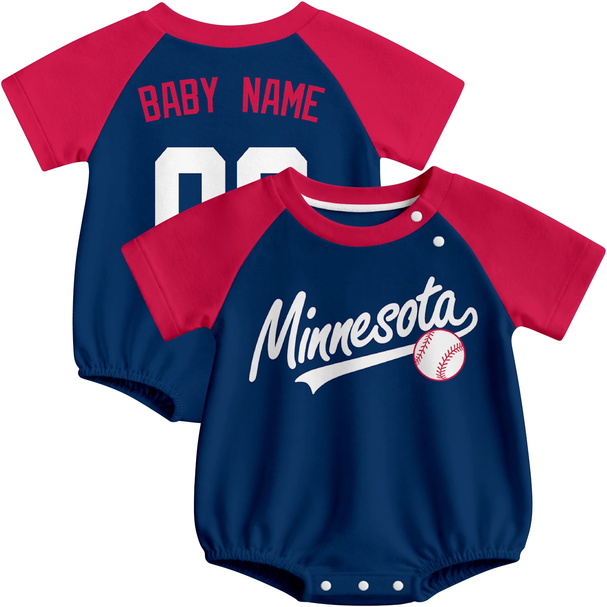 Minnesota baseball baby bodysuit front and back view in Navy color style