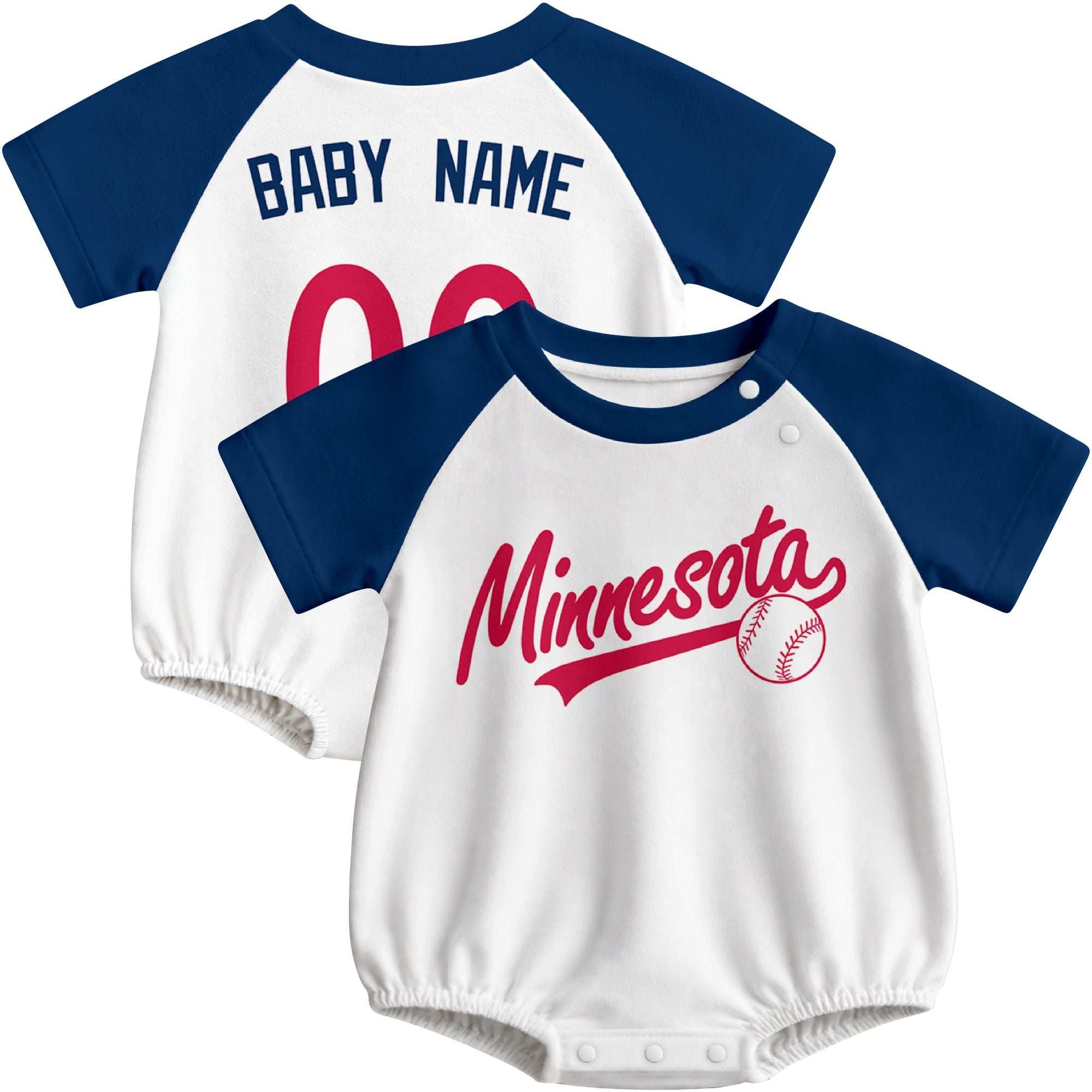 Minnesota baseball baby bodysuit front and back view in White color style