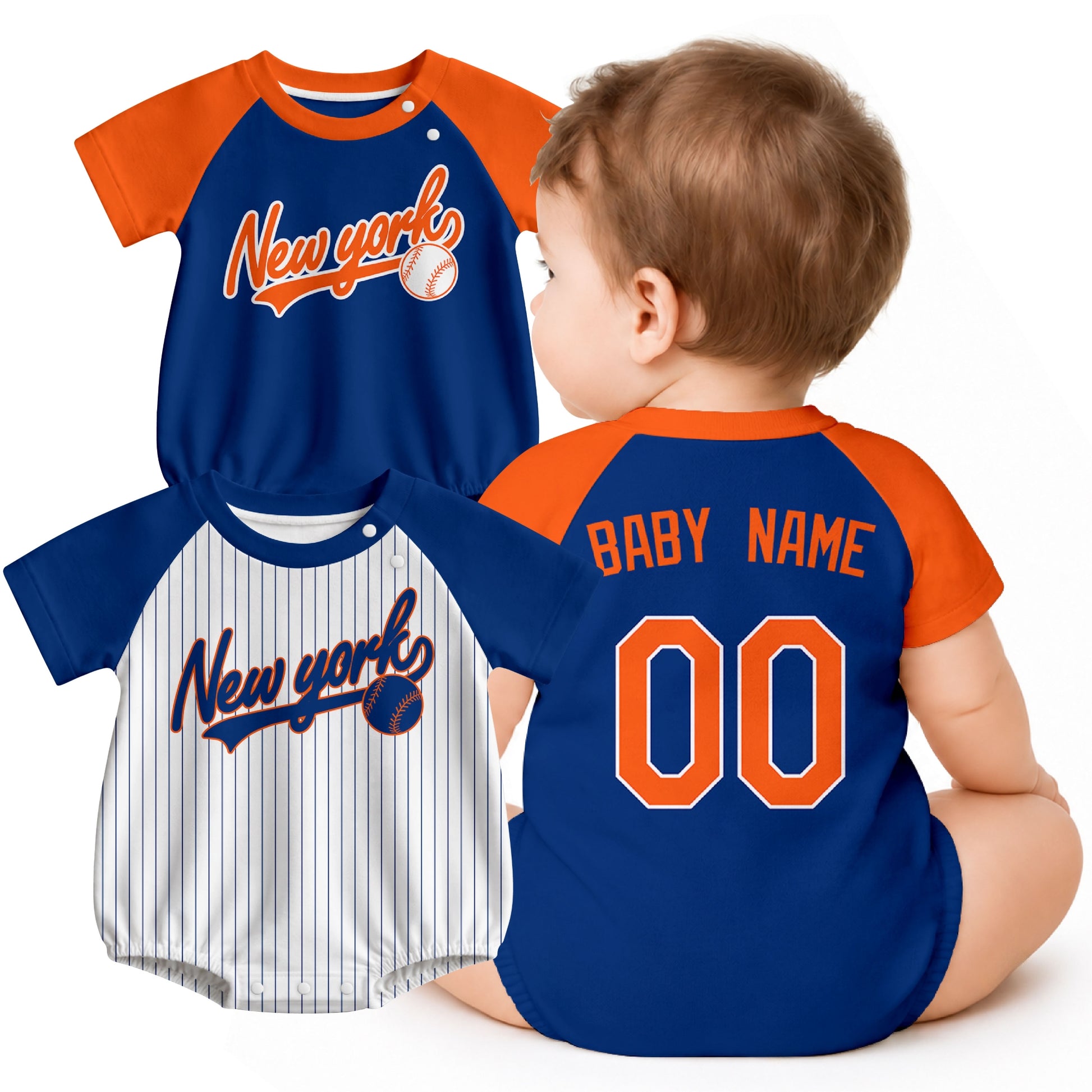 Personalized New York M baseball baby bodysuit shown on baby with city-color style