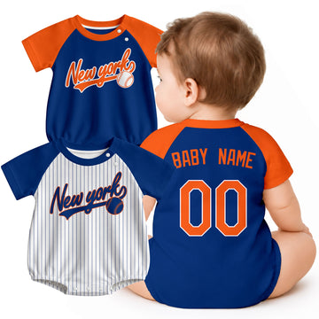 Personalized New York M baseball baby bodysuit shown on baby with city-color style