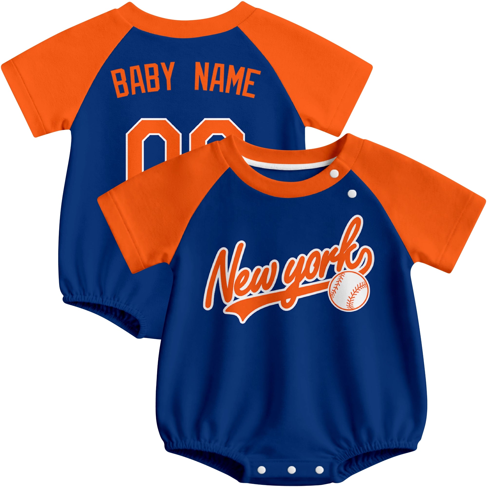New York M baseball baby bodysuit front and back view in Royal color style