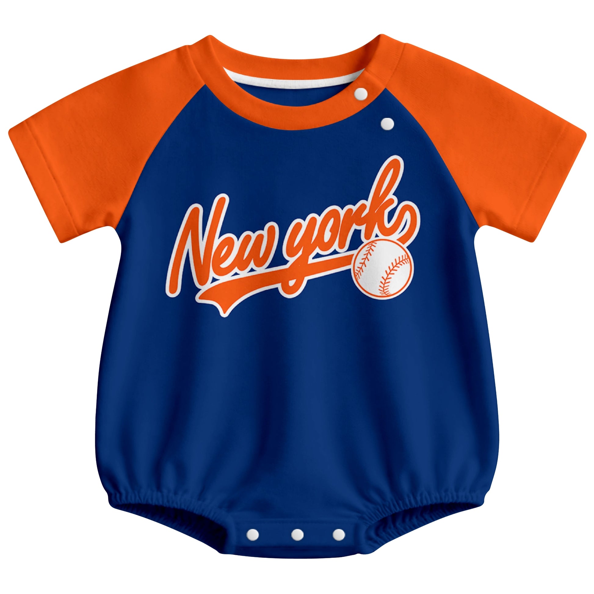 New York M baseball baby bodysuit front view in Royal color style