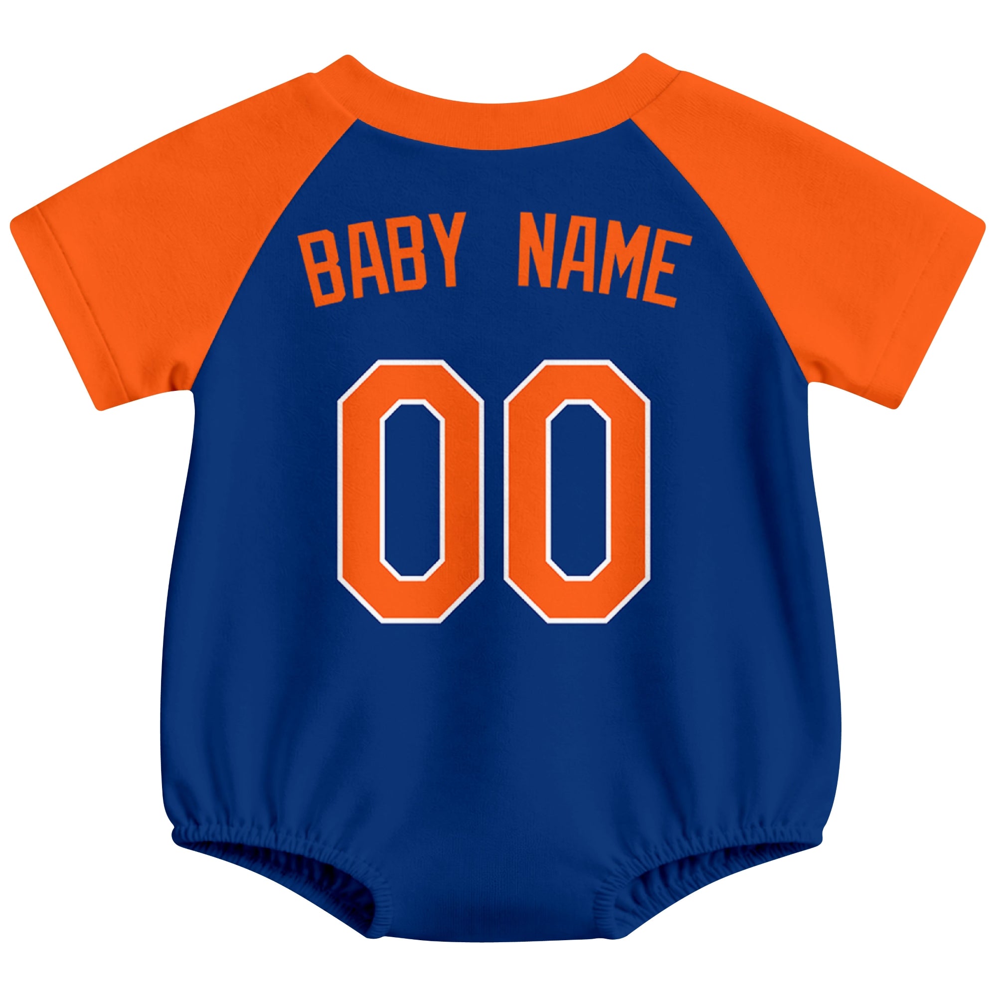 New York M baseball baby bodysuit back view in Royal color style with custom baby name and number