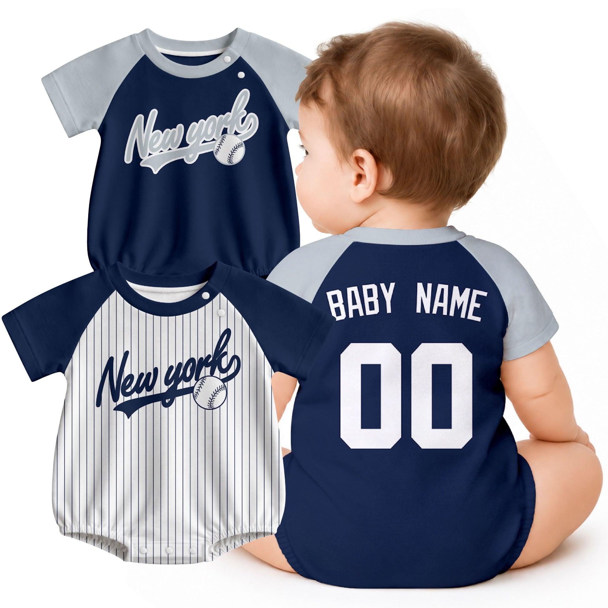 Personalized New York baseball baby bodysuit shown on baby with city-color style