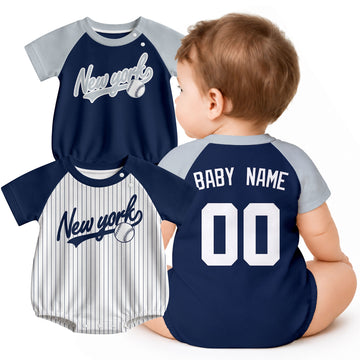 Personalized New York baseball baby bodysuit shown on baby with city-color style