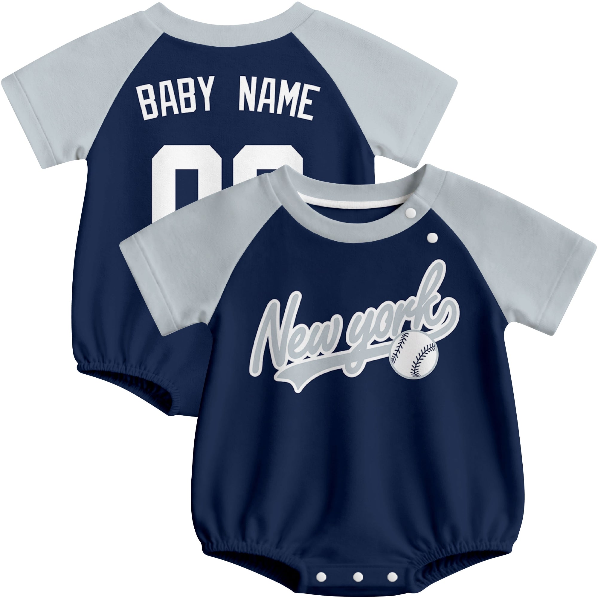 New York baseball baby bodysuit front and back view in Navy color style