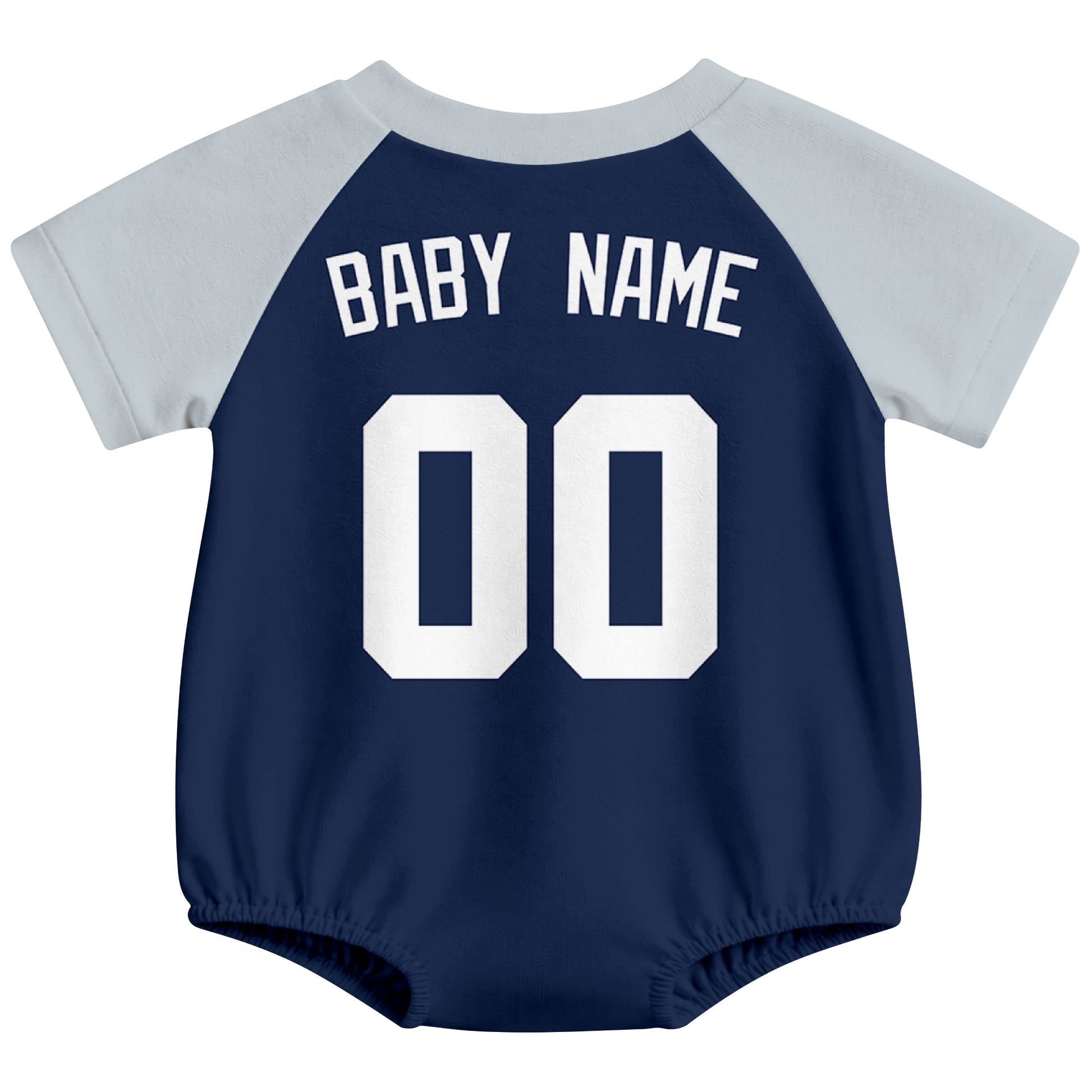 New York baseball baby bodysuit back view in Navy color style with custom baby name and number