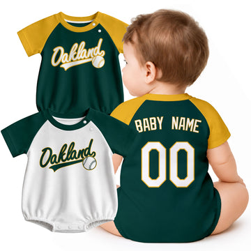 Personalized Oakland baseball baby bodysuit shown on baby with city-color style