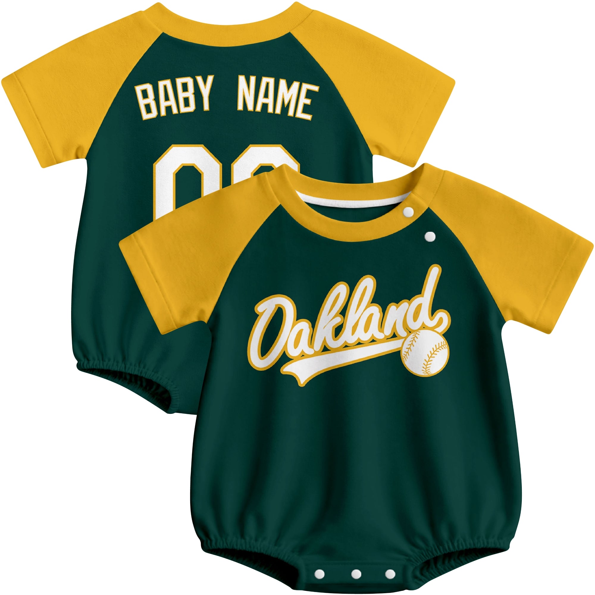 Oakland baseball baby bodysuit front and back view in Green color style