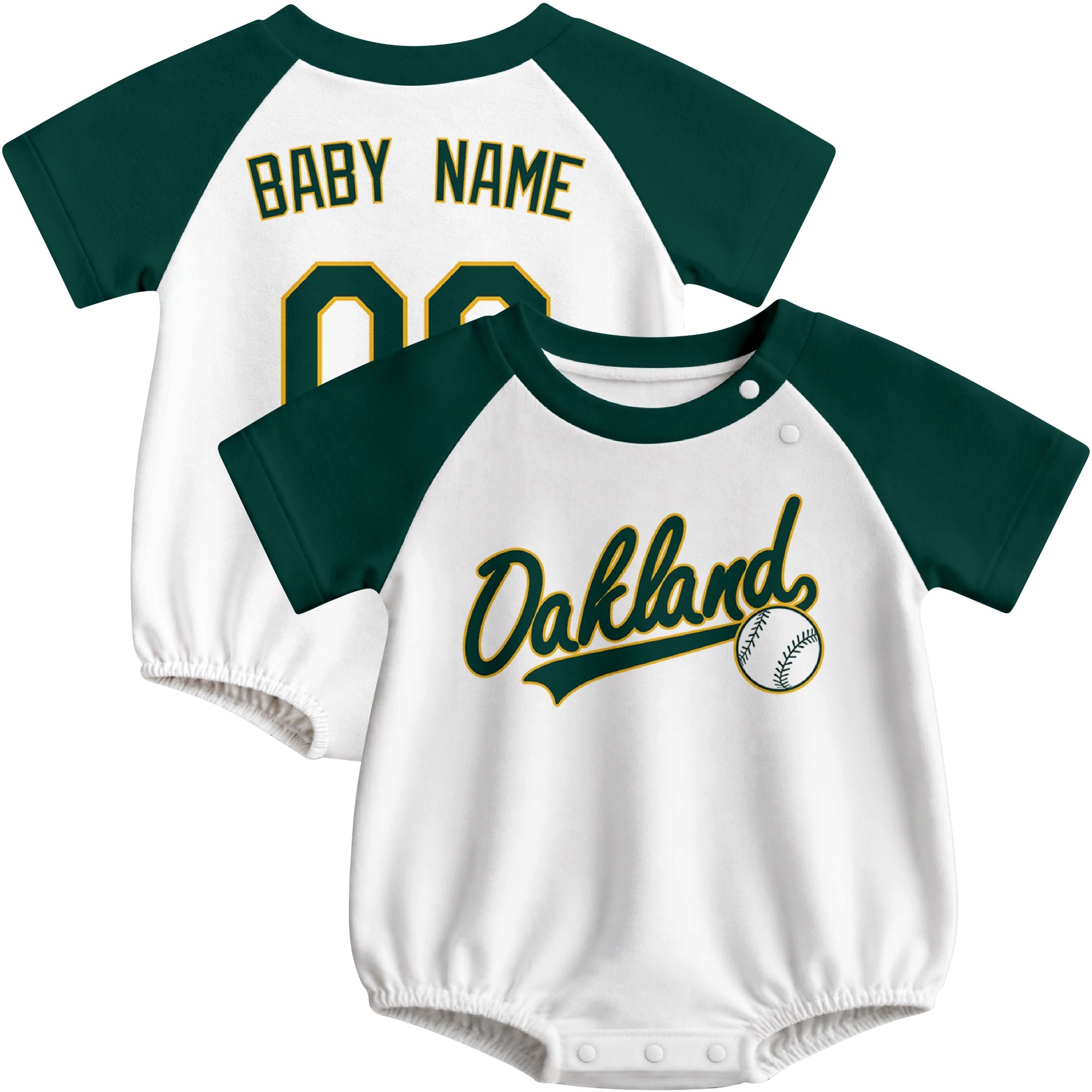 Oakland baseball baby bodysuit front and back view in White color style