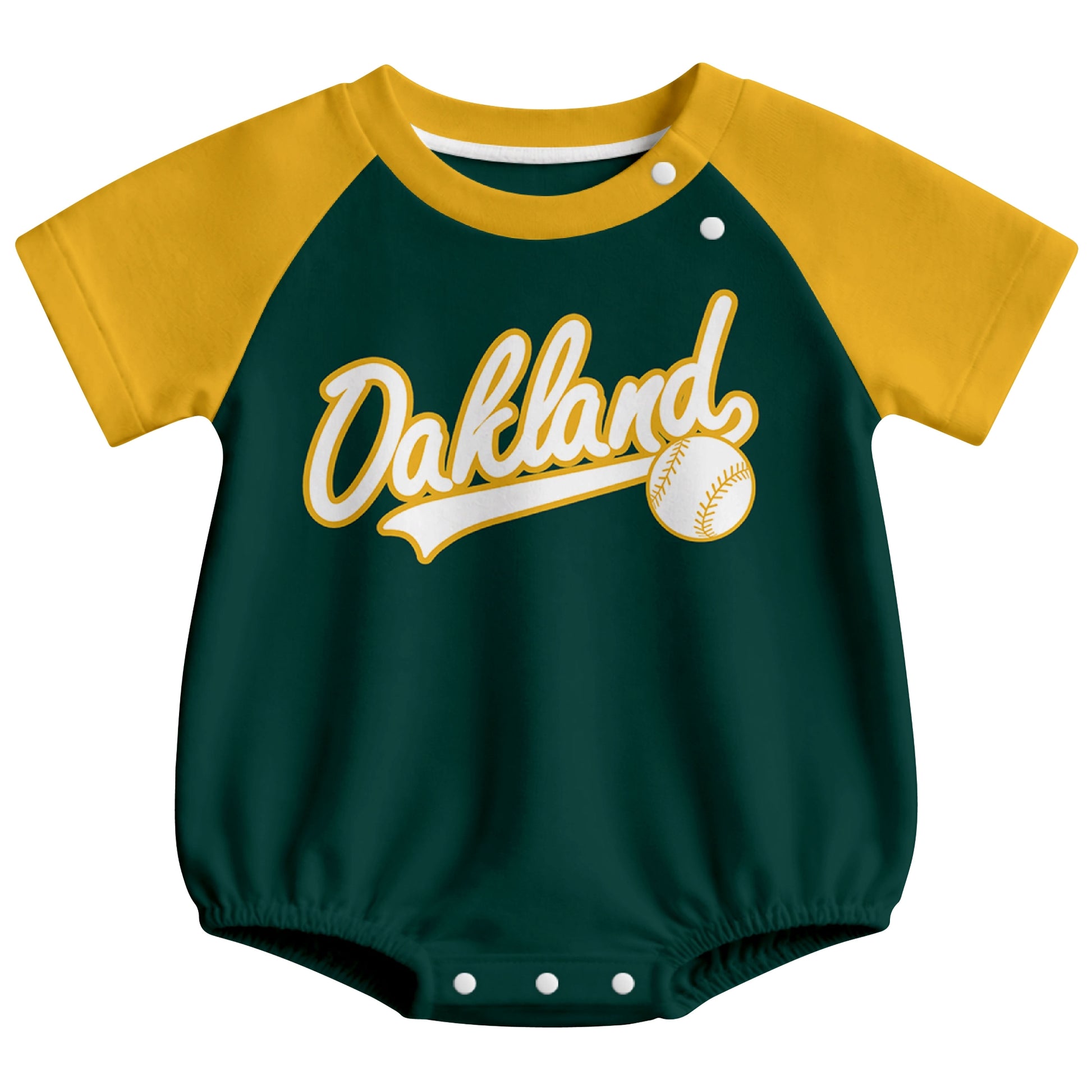 Oakland baseball baby bodysuit front view in Green color style
