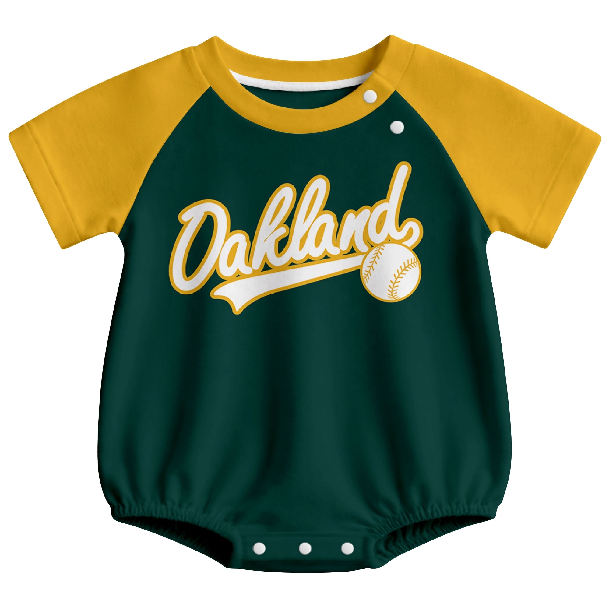 Oakland baseball baby bodysuit front view in Green color style