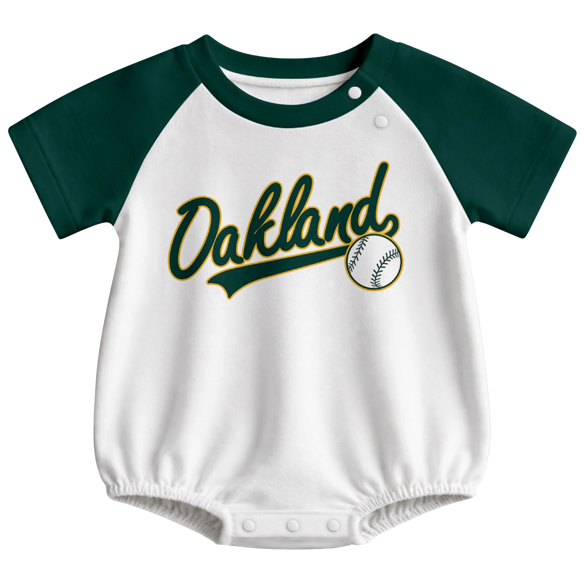 Oakland baseball baby bodysuit front view in White color style