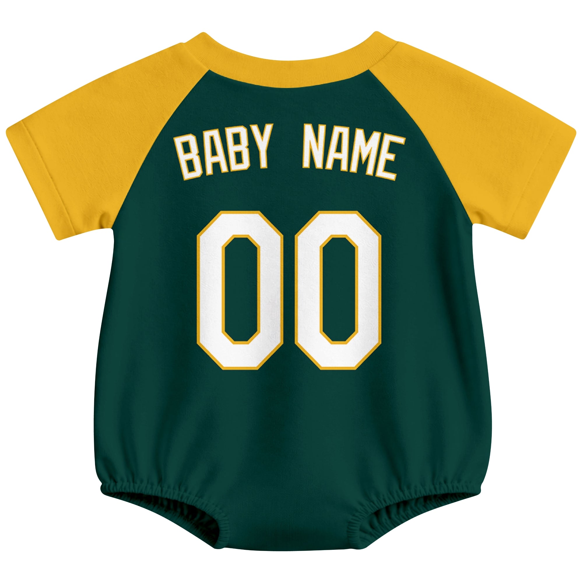 Oakland baseball baby bodysuit back view in Green color style with custom baby name and number