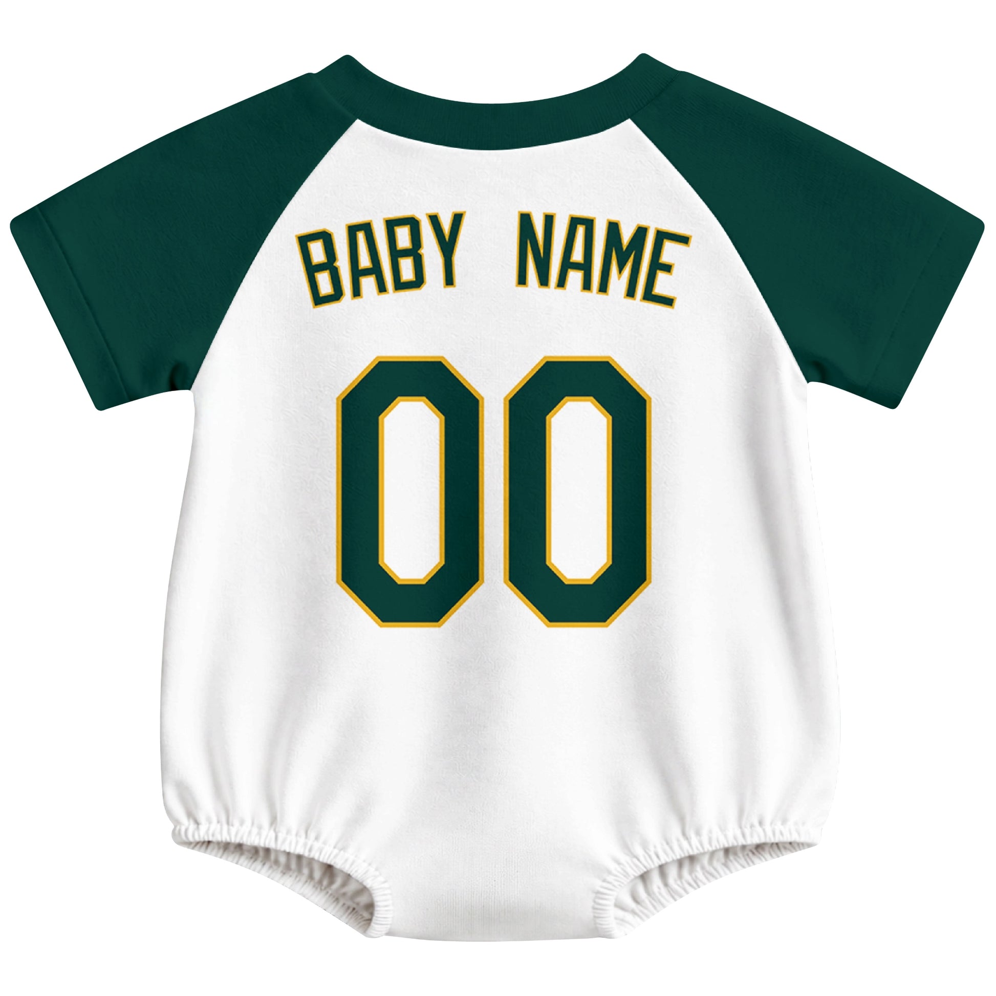 Oakland baseball baby bodysuit back view in White color style with custom baby name and number