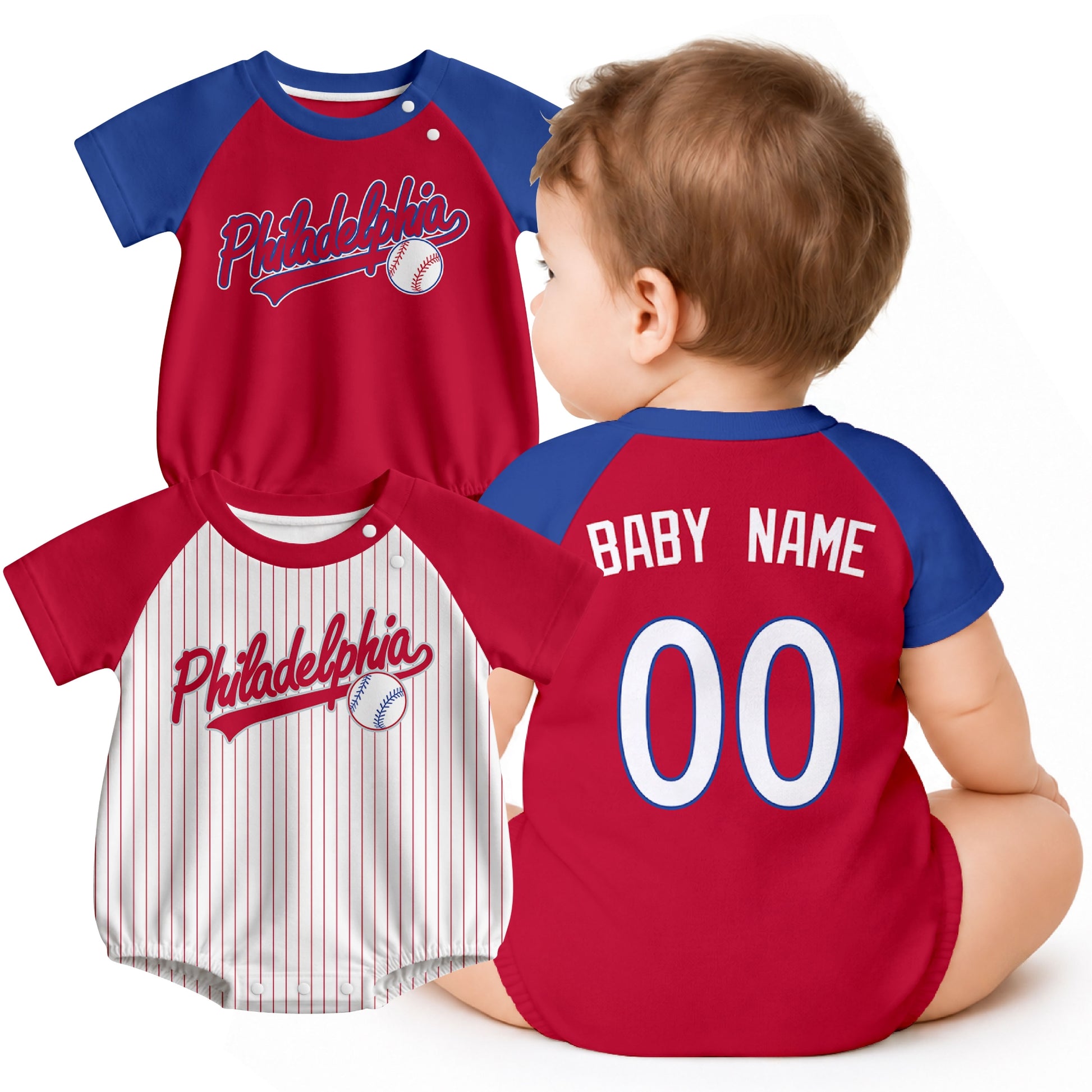 Personalized Philadelphia baseball baby bodysuit shown on baby with city-color style