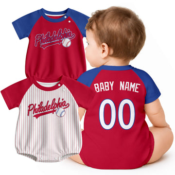 Personalized Philadelphia baseball baby bodysuit shown on baby with city-color style