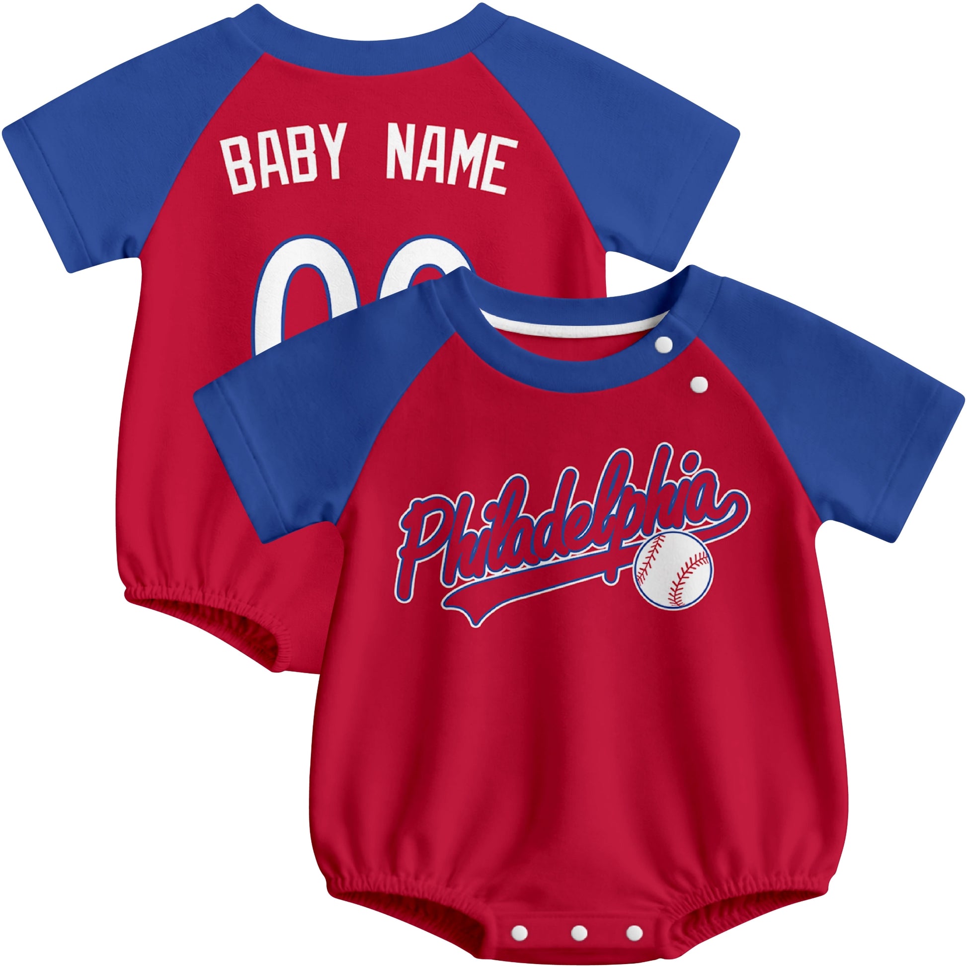 Philadelphia baseball baby bodysuit front and back view in Red color style