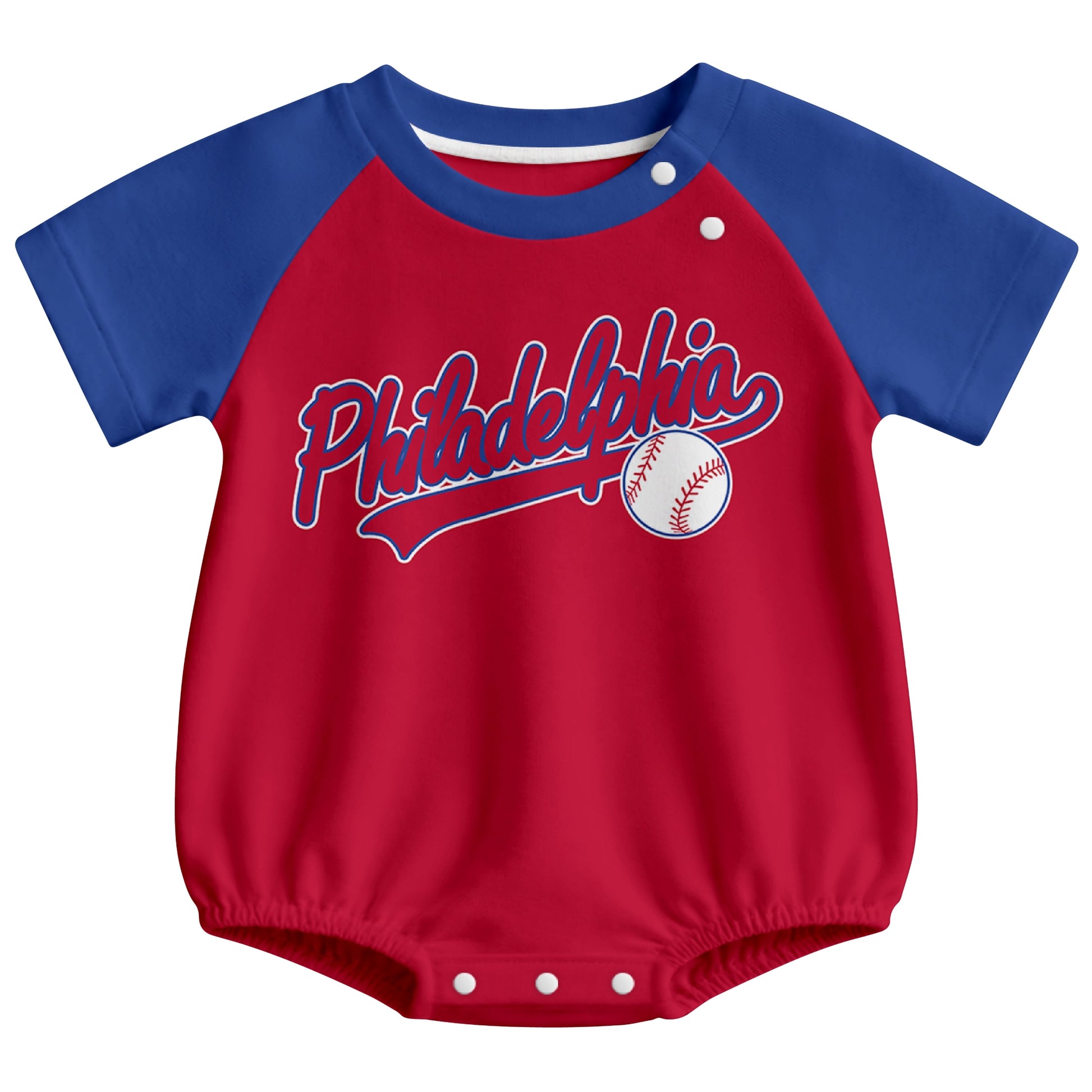 Philadelphia baseball baby bodysuit front view in Red color style