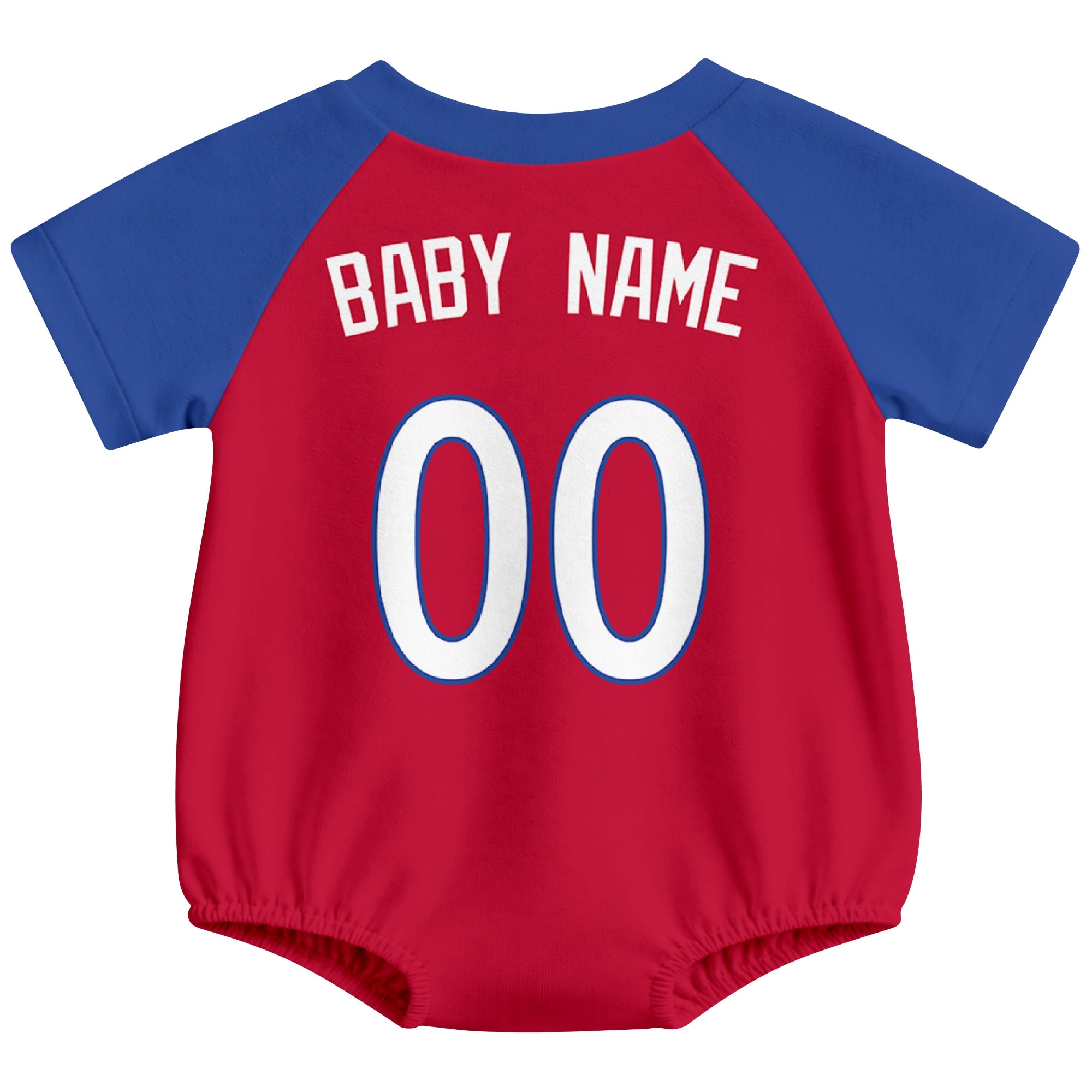 Philadelphia baseball baby bodysuit back view in Red color style with custom baby name and number