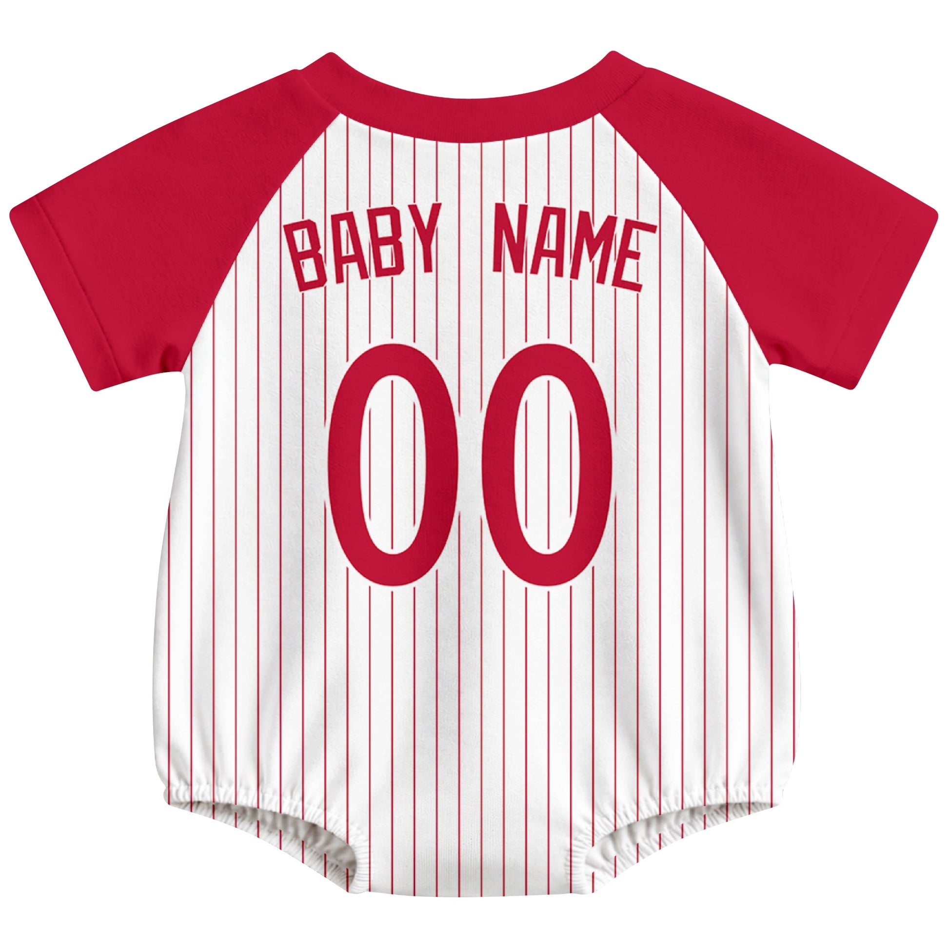 Philadelphia baseball baby bodysuit back view in White color style with custom baby name and number