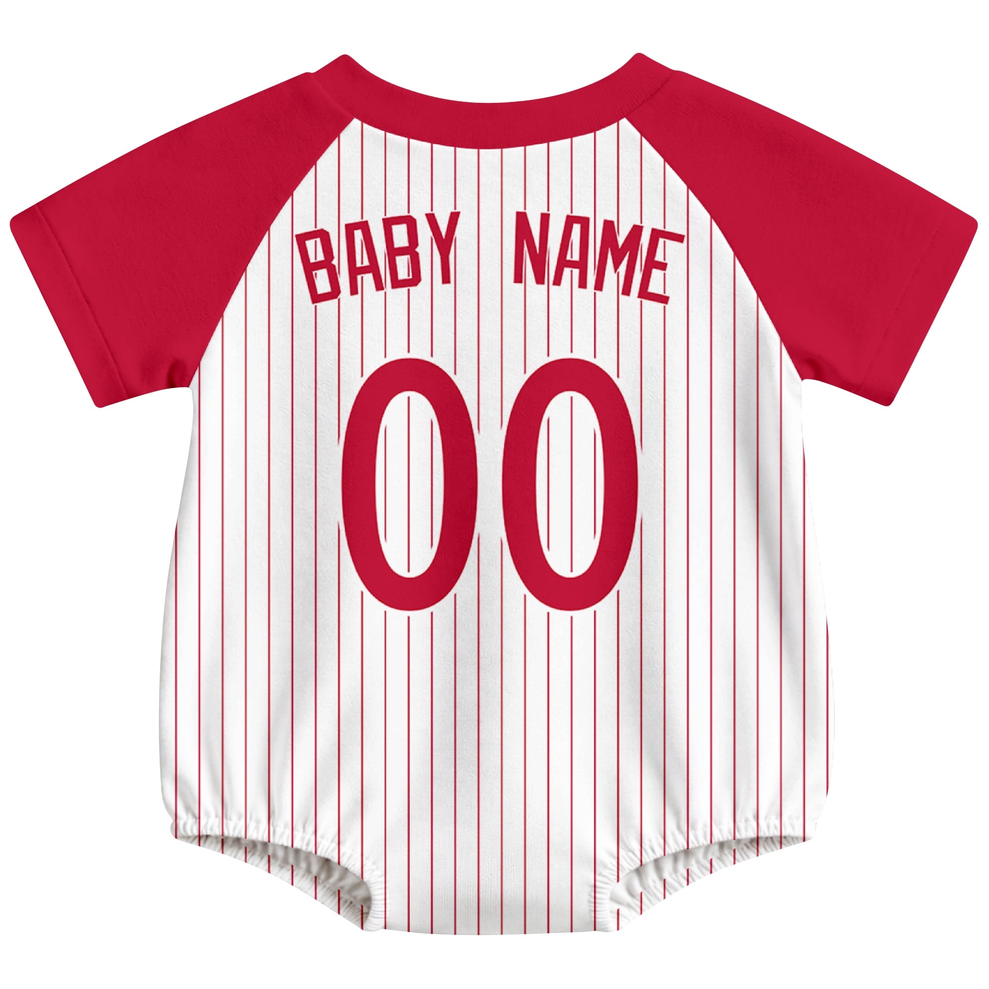Philadelphia baseball baby bodysuit back view in White color style with custom baby name and number