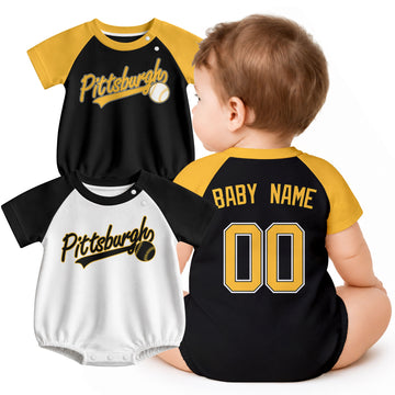 Personalized Pittsburgh baseball baby bodysuit shown on baby with city-color style