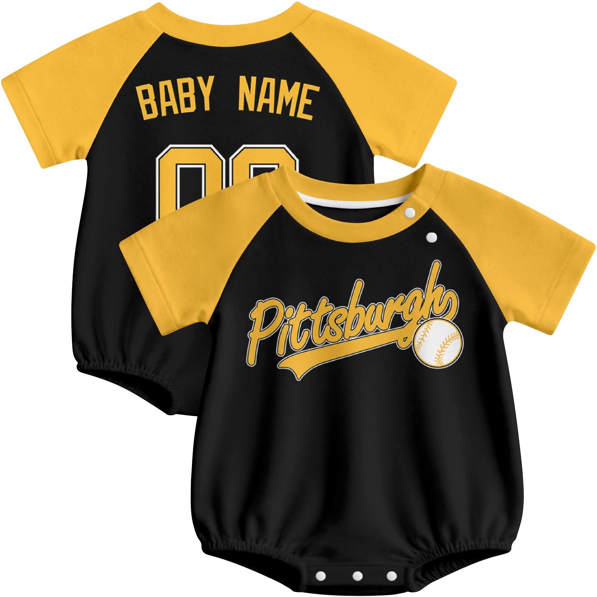 Pittsburgh baseball baby bodysuit front and back view in Black color style