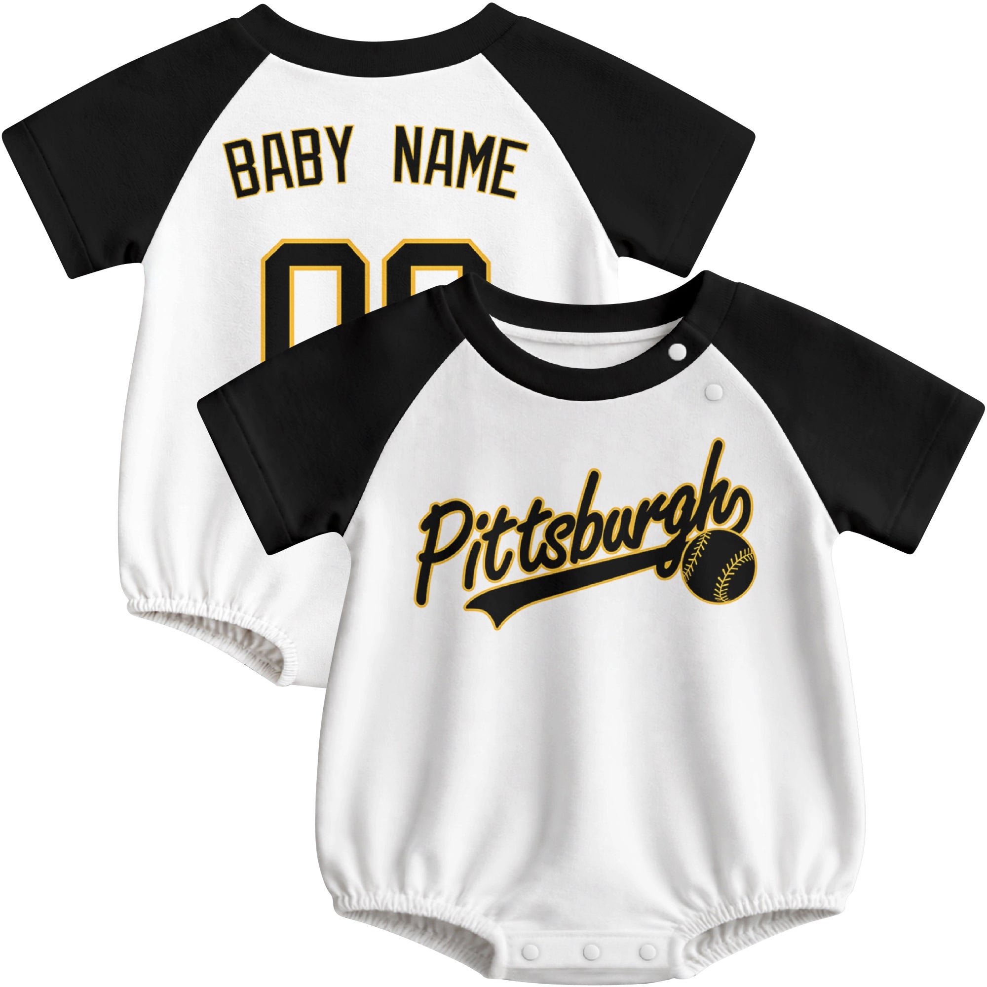 Pittsburgh baseball baby bodysuit front and back view in White color style
