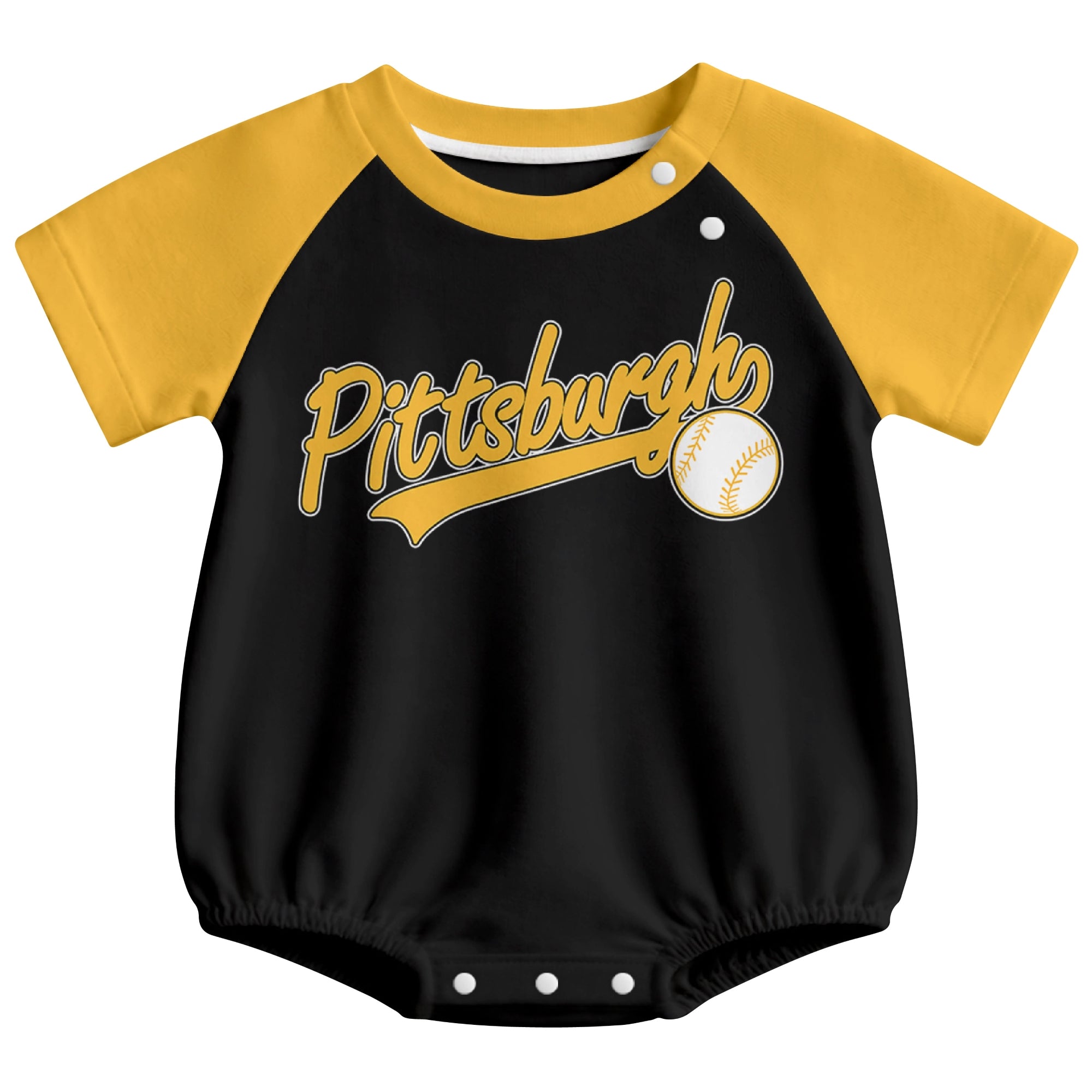 Pittsburgh baseball baby bodysuit front view in Black color style