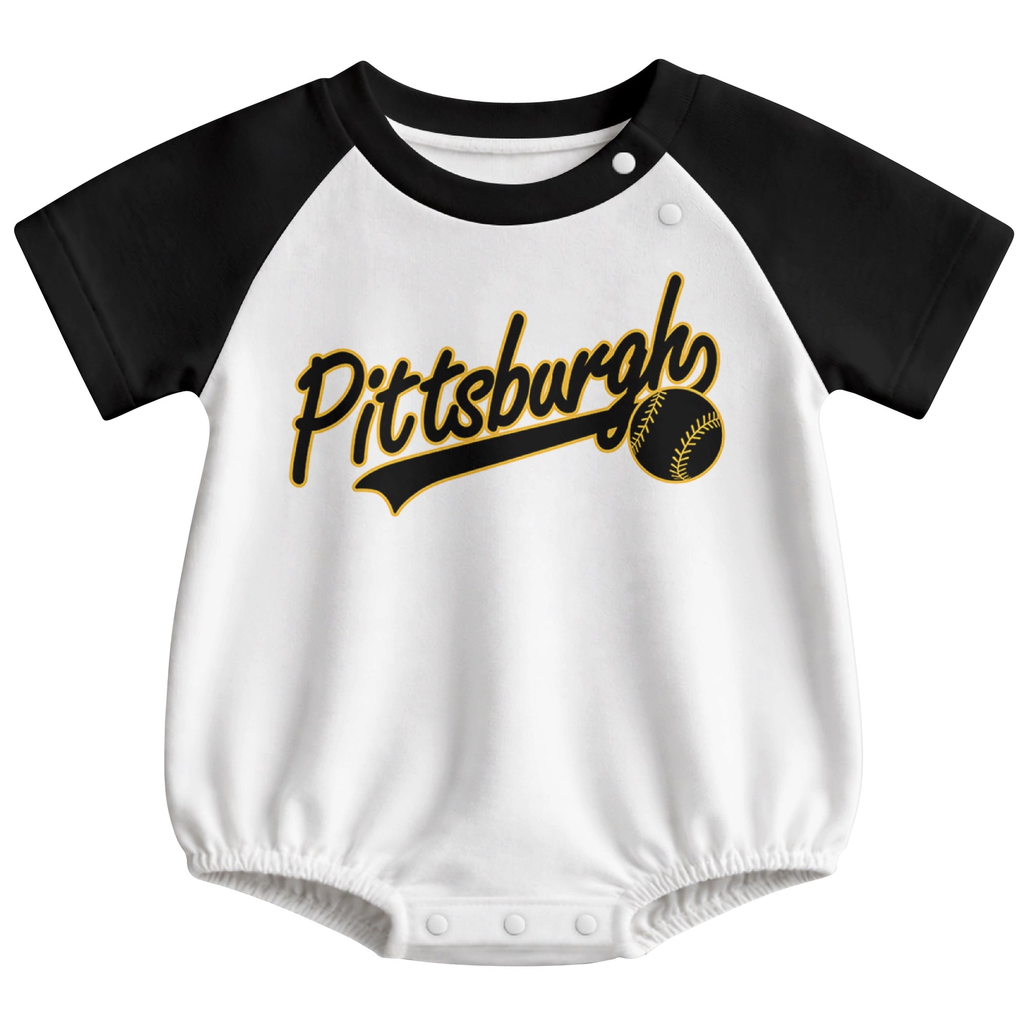 Pittsburgh baseball baby bodysuit front view in White color style